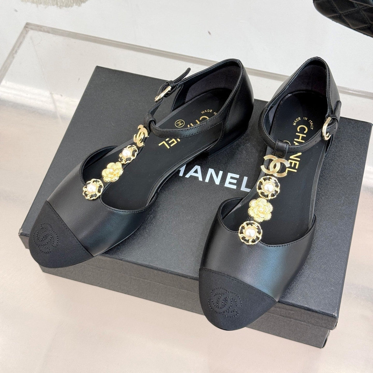 Chanel 26s Camellia T-Strap Cap Toe Flat Sandals Black 153408