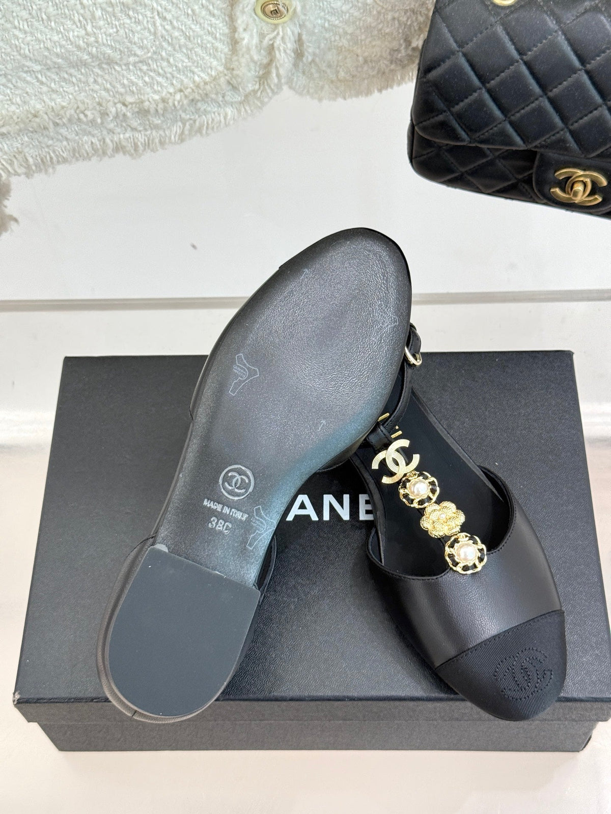 Chanel 26s Camellia T-Strap Cap Toe Flat Sandals Black 153408