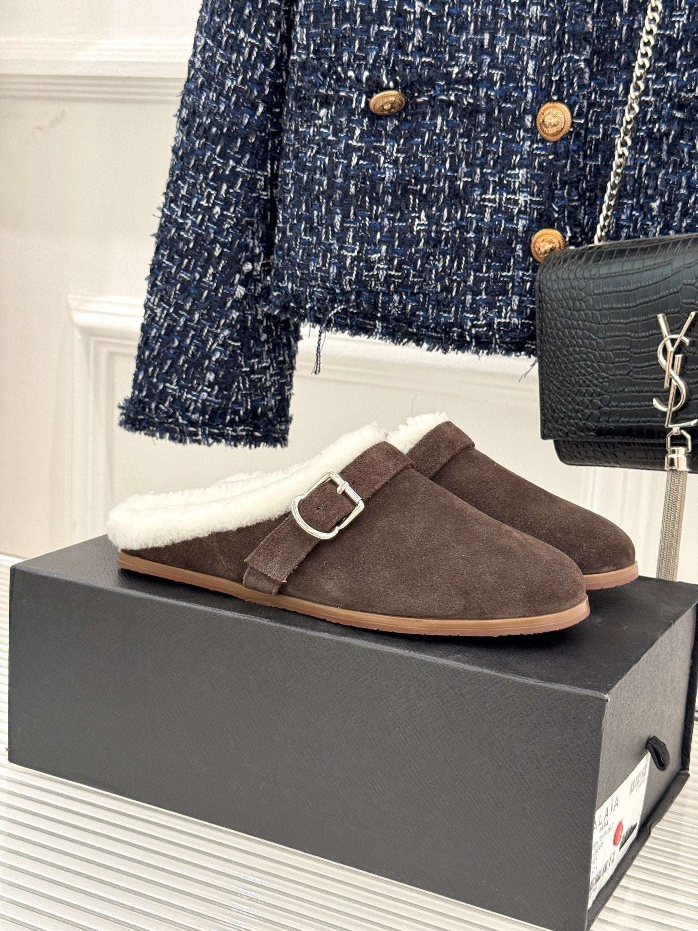 Alaia 25WF slippers belt buckle chocolate brown suede wool 472231