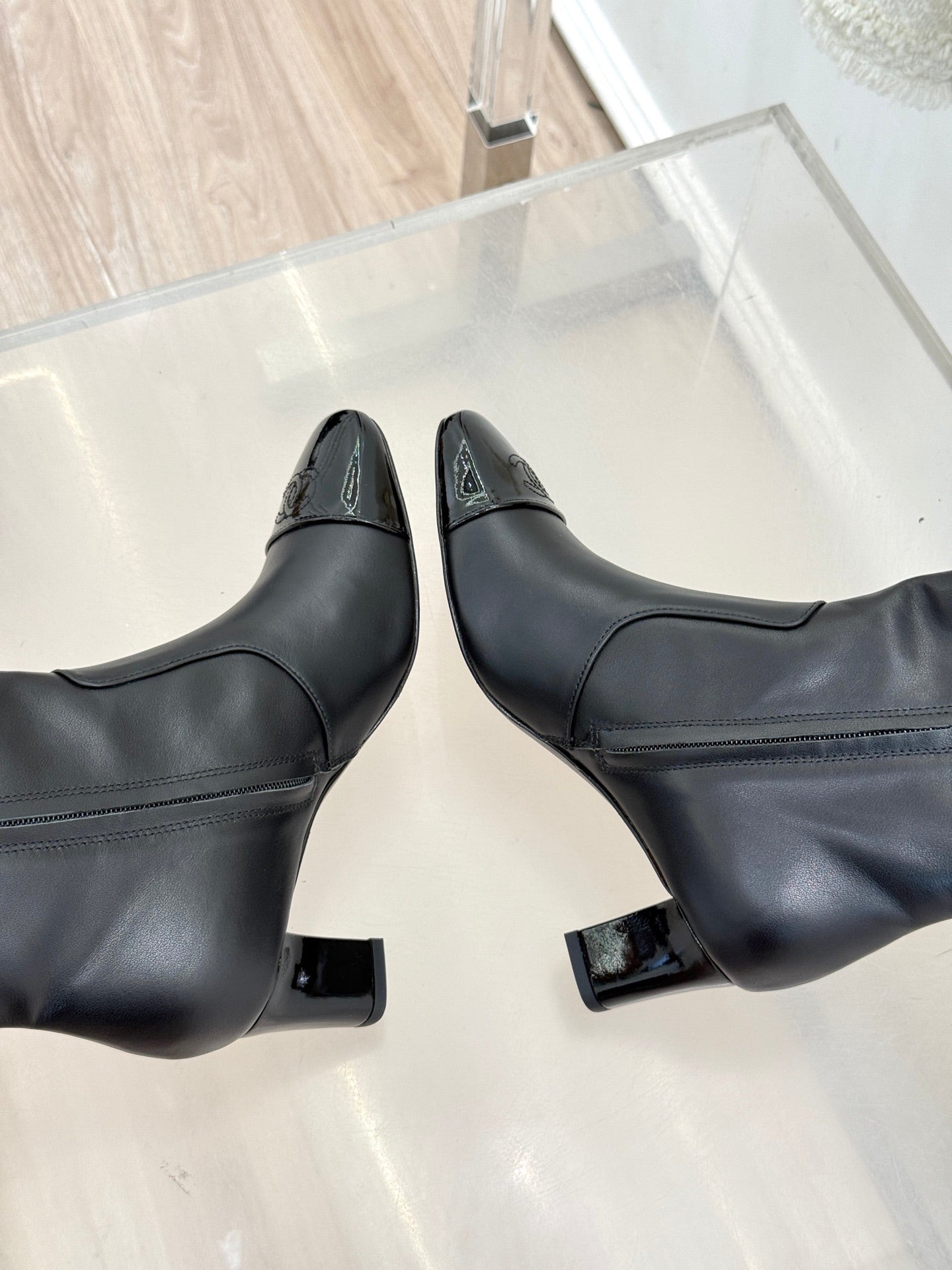 Chanel Double C Colorblock Heel Long Boot Black Sheepskin 465419