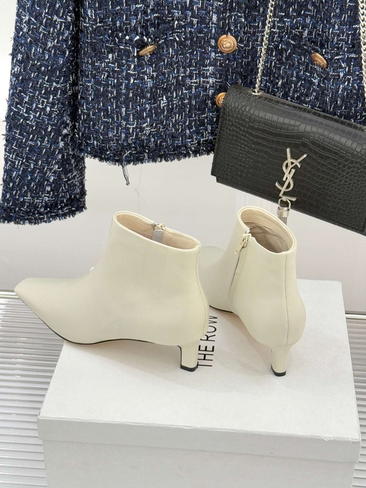 The Row 2025 Square Toe Kitten Heel Ankle Boot Cream Sheepskin 572053