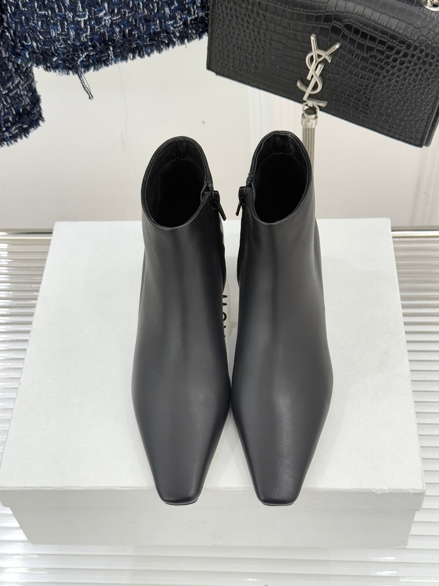 The Row 2025 Square Toe Kitten Heel Ankle Boot Black Sheepskin 572054