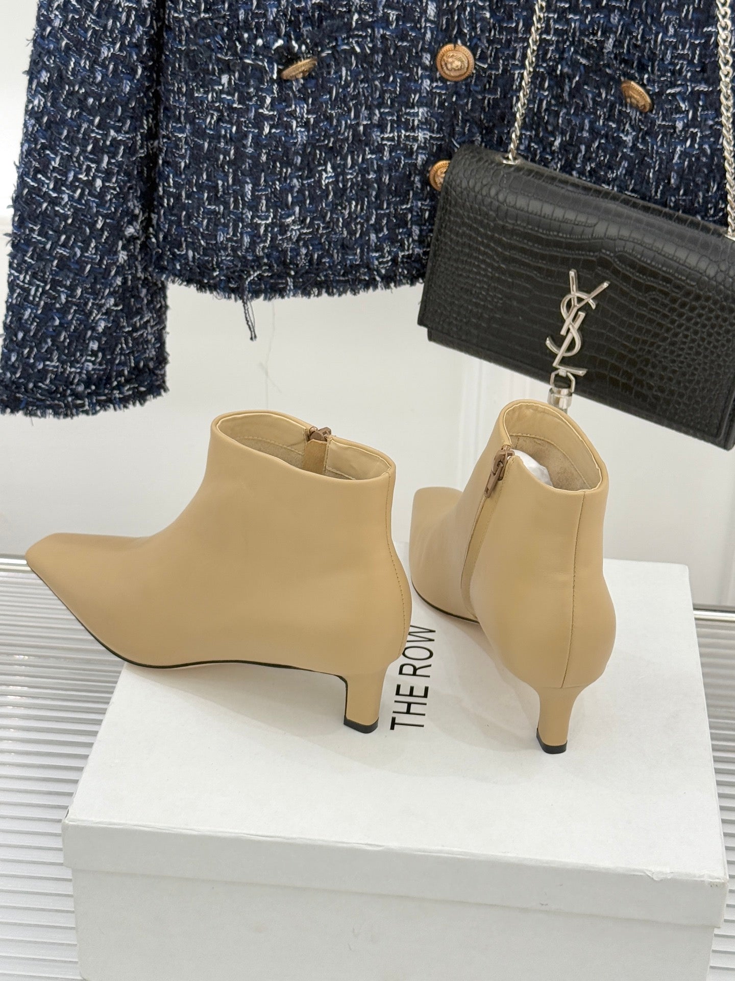 The Row 2025 Square Toe Kitten Heel Ankle Boot Beige Sheepskin 572047