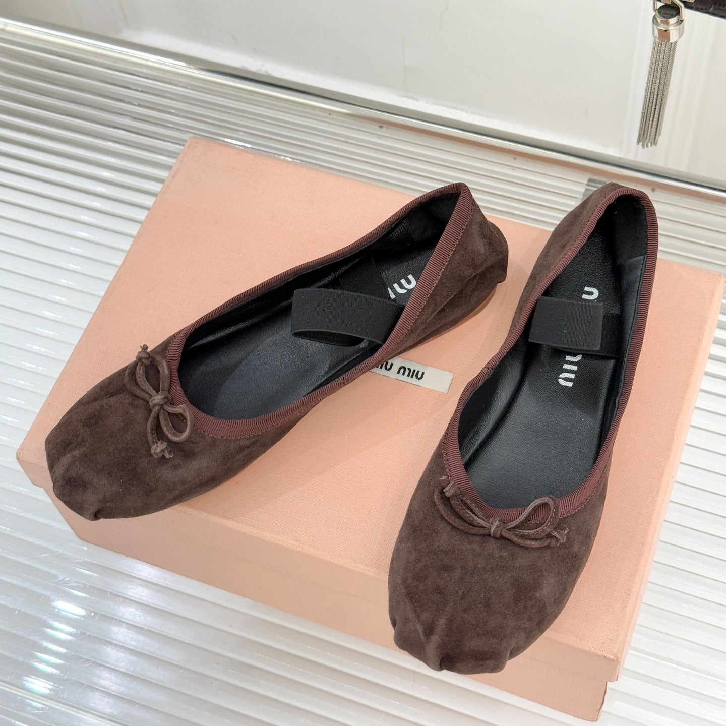 Miu Classic Bow Letter Ballet Flat Dark Brown Suede