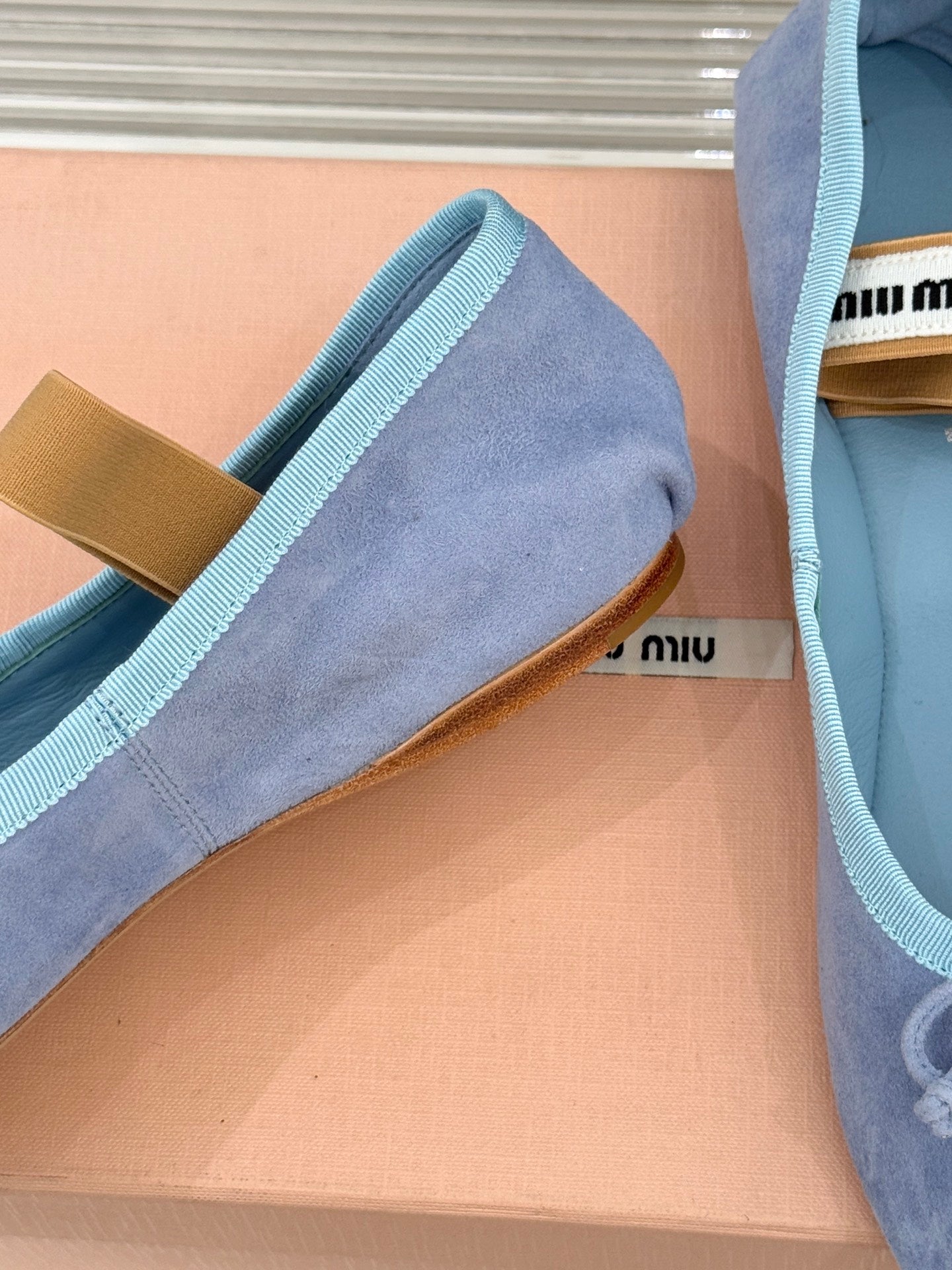 Miu Classic Bow Letter Ballet Flat French Sky Blue Suede