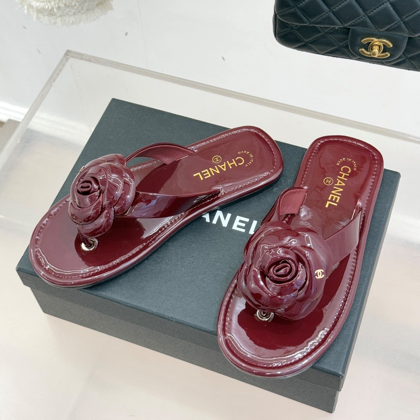 CC 26C Early Spring Camellia Slide Burgundy Patent Leather