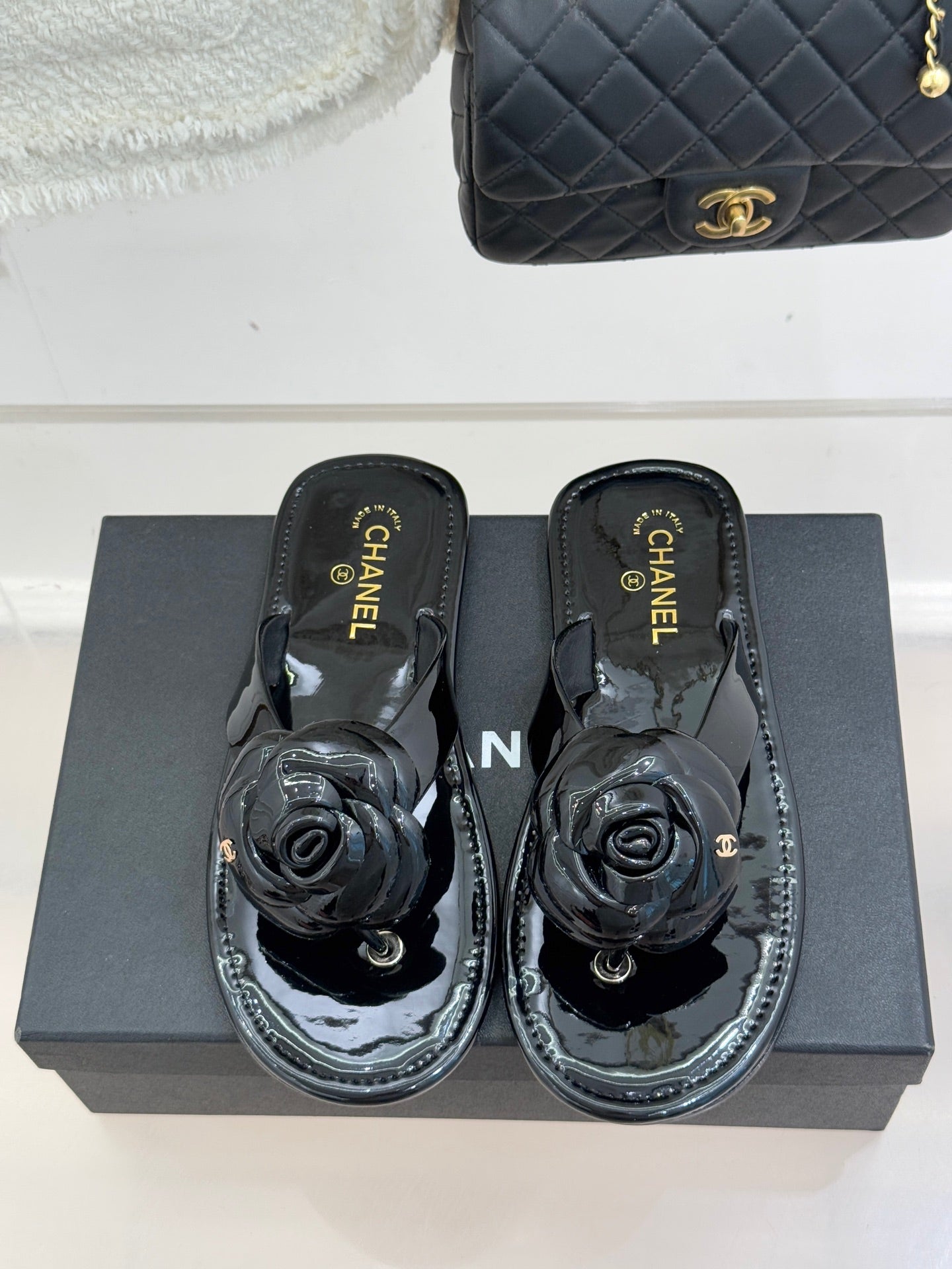 CC 26C Early Spring Camellia Slide Black Patent Leather