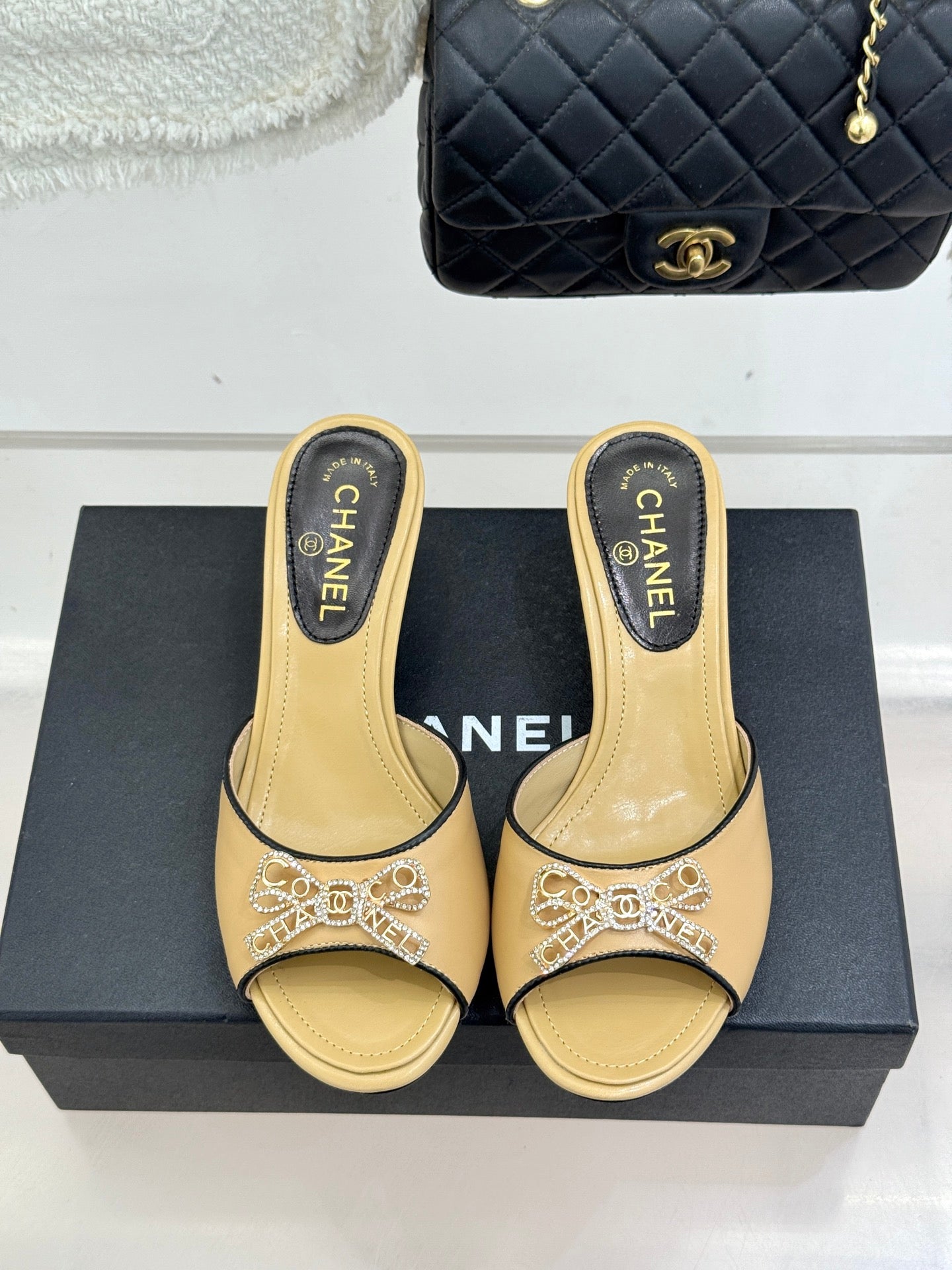 CC Classic Rhinestone Bow Kitty Slippers Beige Sheepskin 643087
