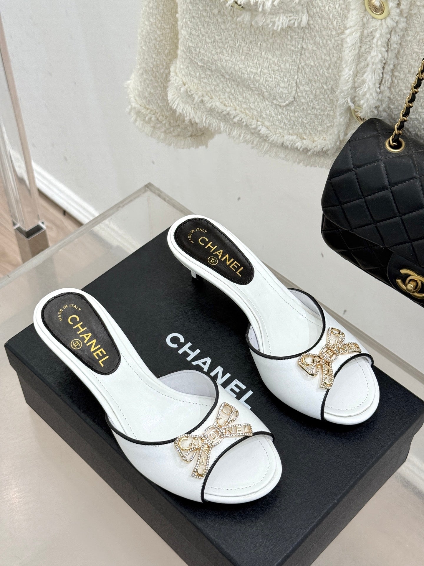 CC Classic Rhinestone Bow Kitty Slippers White Sheepskin 643089