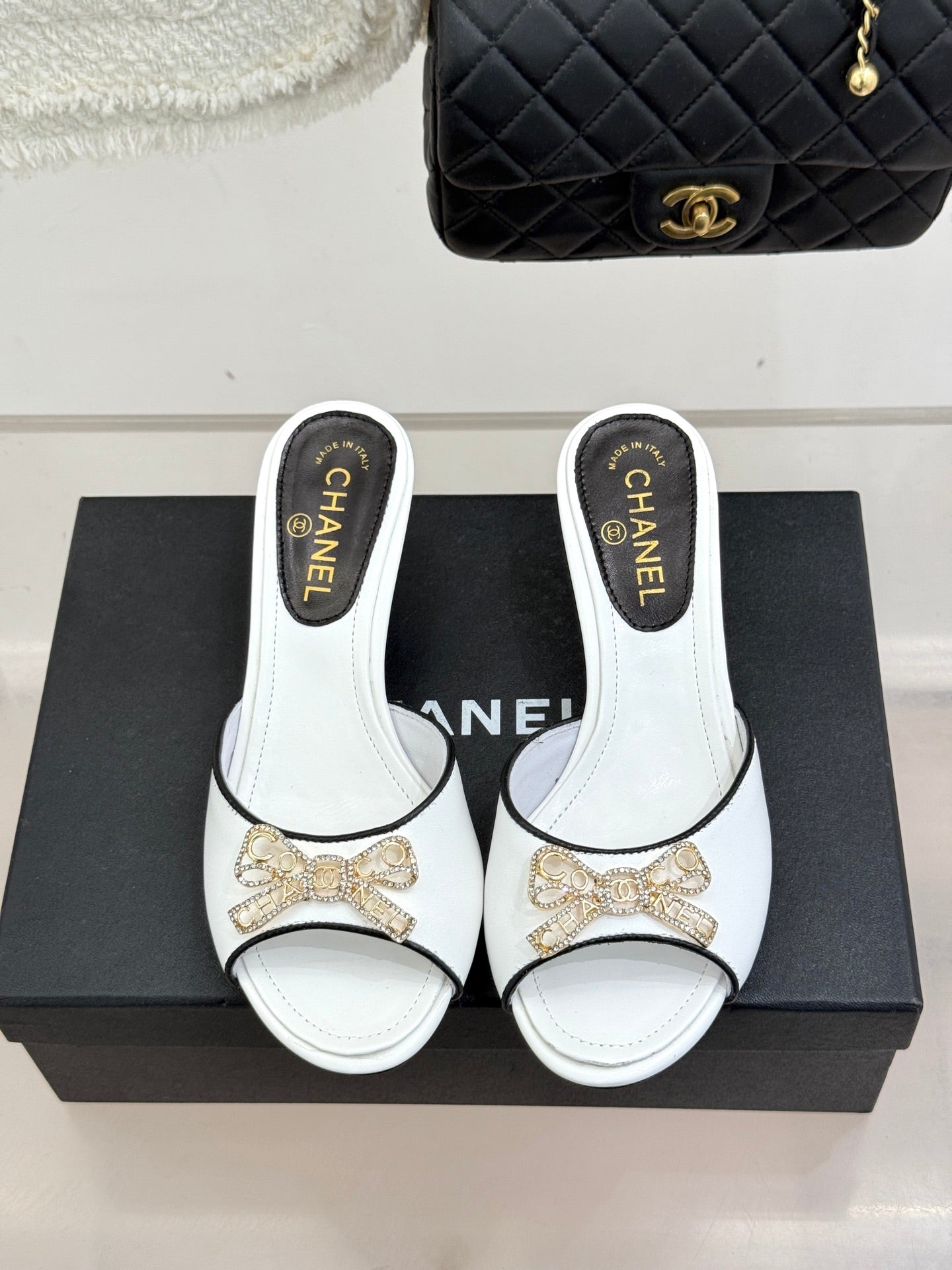 CC Classic Rhinestone Bow Kitty Slippers White Sheepskin 643089
