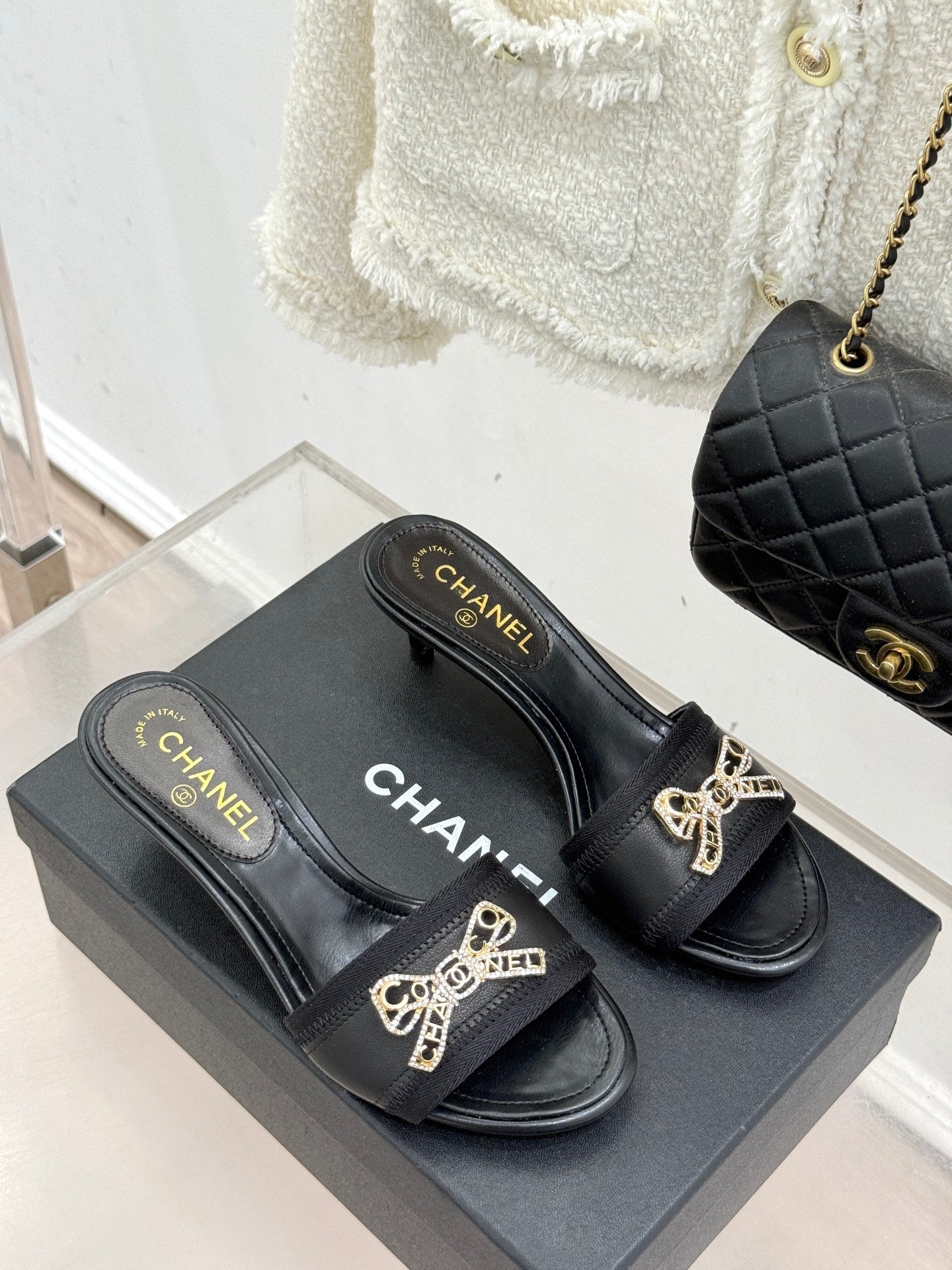 CC Classic Rhinestone Bow Kitty Slippers Black Sheepskin
