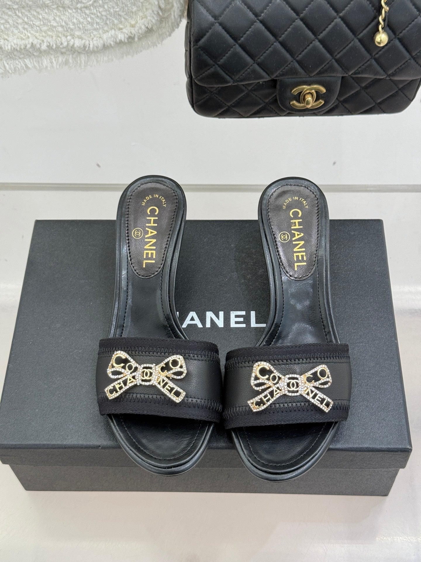 CC Classic Rhinestone Bow Kitty Slippers Black Sheepskin