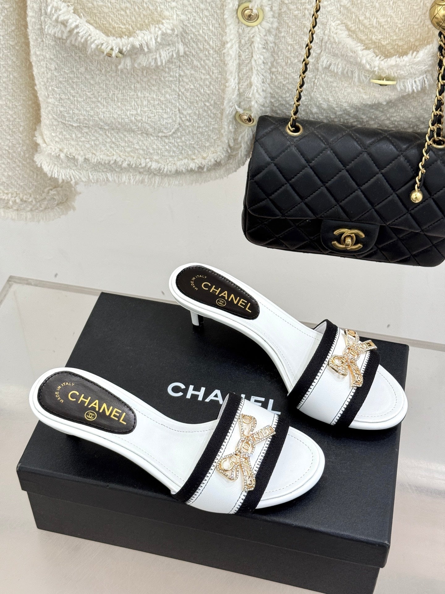 CC Classic Rhinestone Bow Kitty Slippers Black White Sheepskin 643092