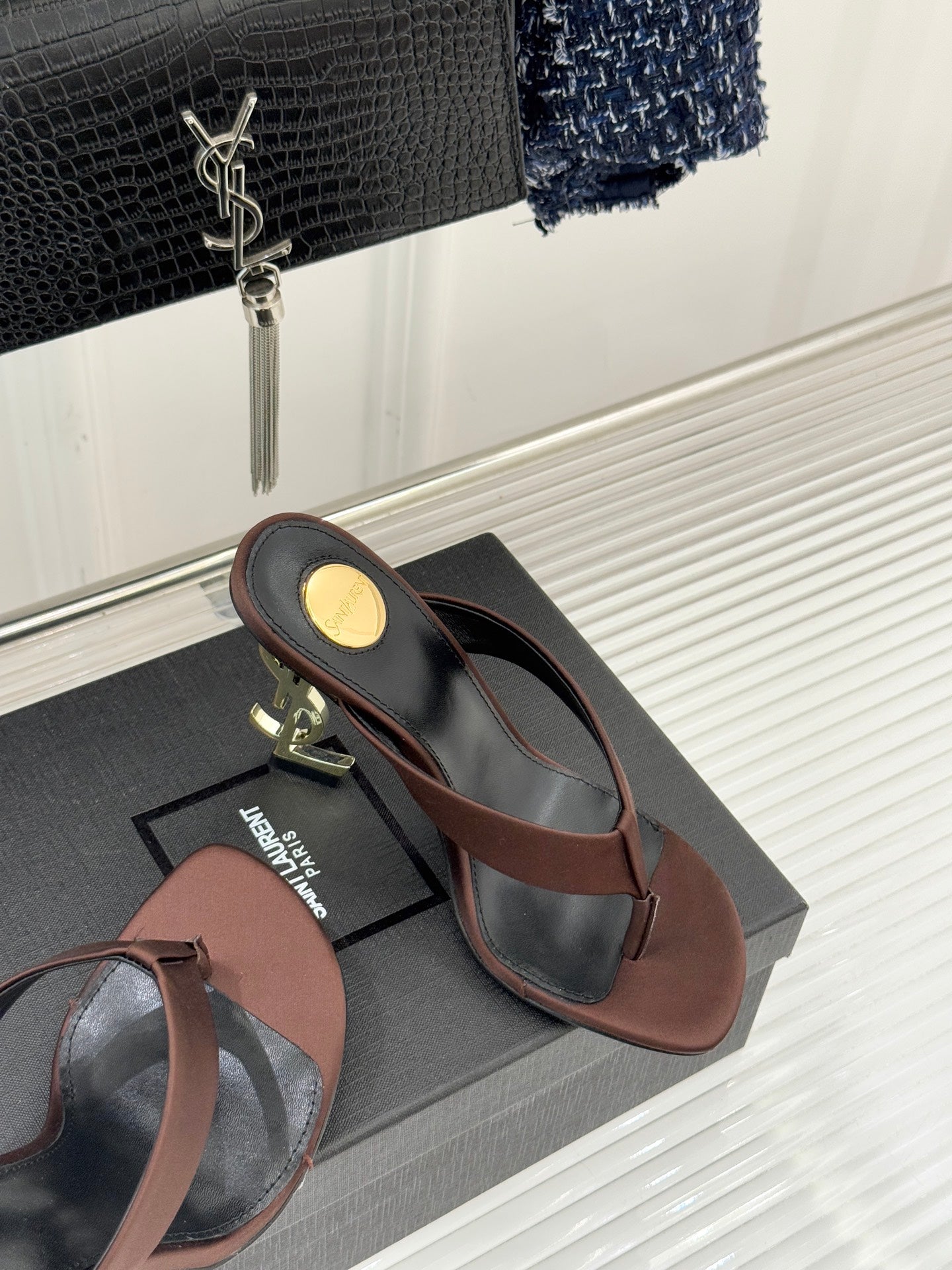 YSL Opyum Mule Sandals 8.5cm Dark Brown Satin Leather 642924