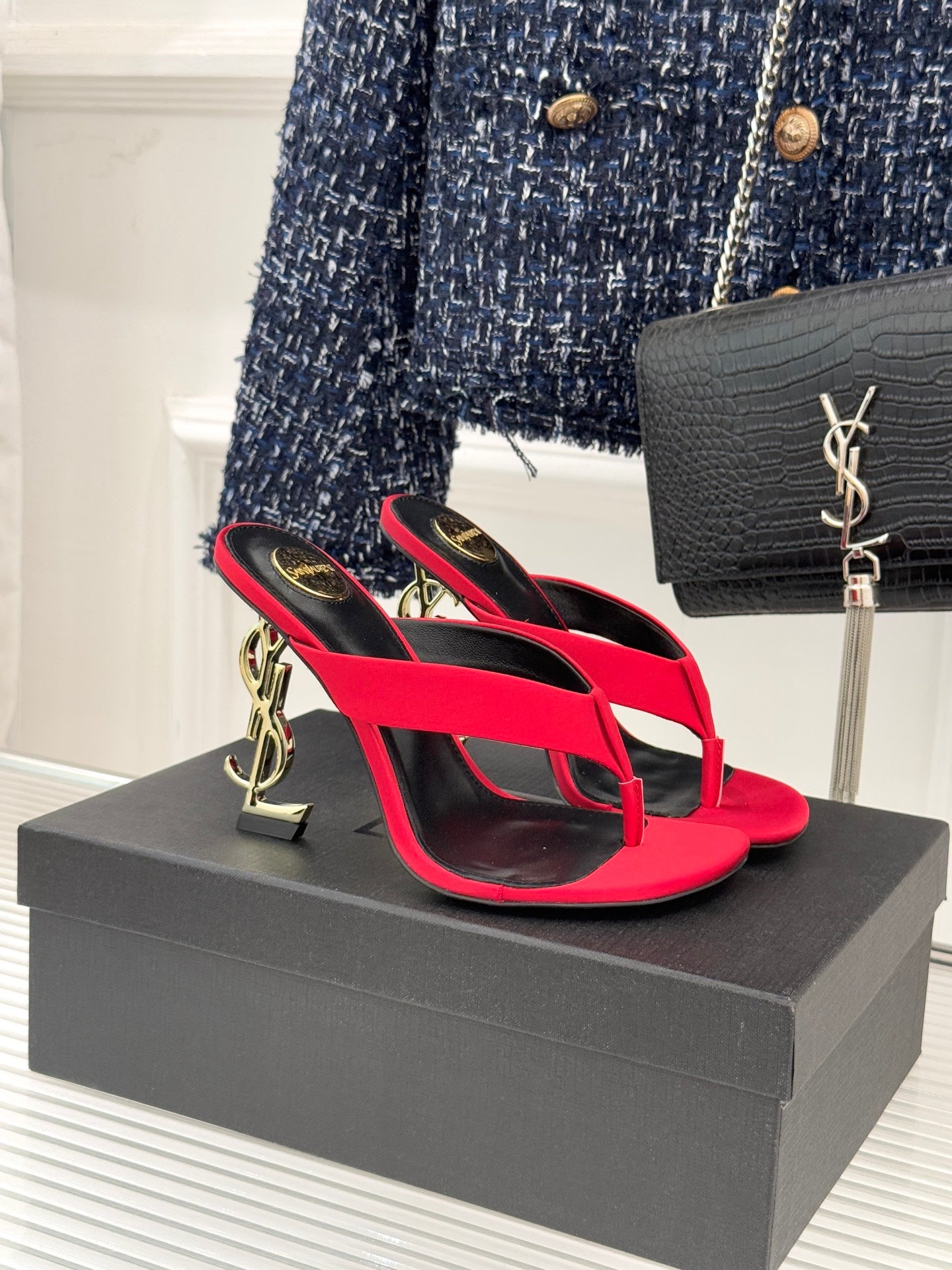 YSL Opyum Mule Sandals 8.5cm Red Satin Leather 642927