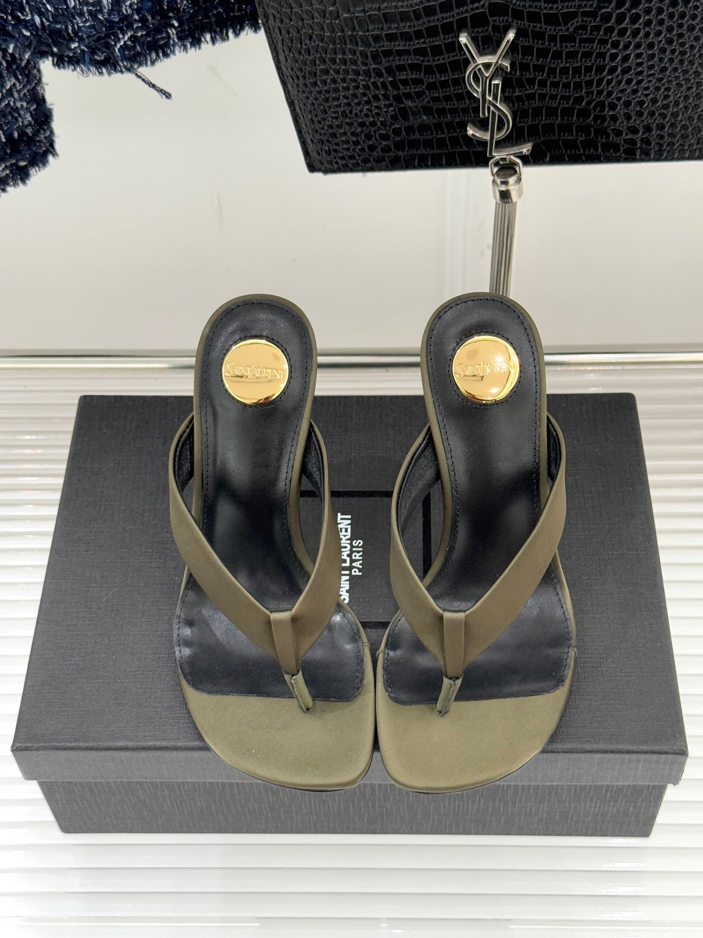 YSL Opyum Mule Sandals 8.5cm Olive Green Satin Leather 642928