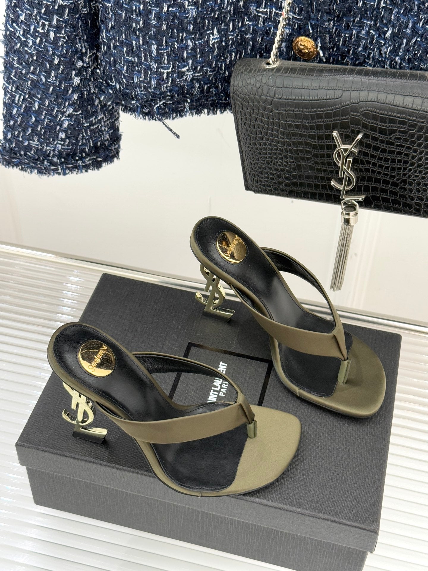 YSL Opyum Mule Sandals 8.5cm Olive Green Satin Leather 642928