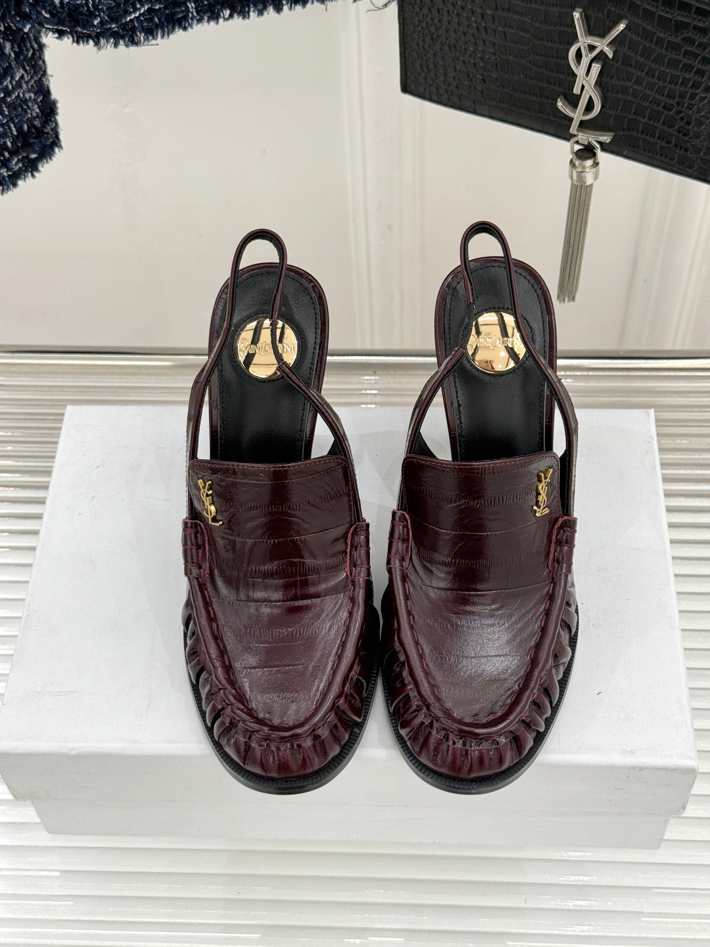 YSL 26WF Le Slingback 10.5cm Burgundy Leather 642956