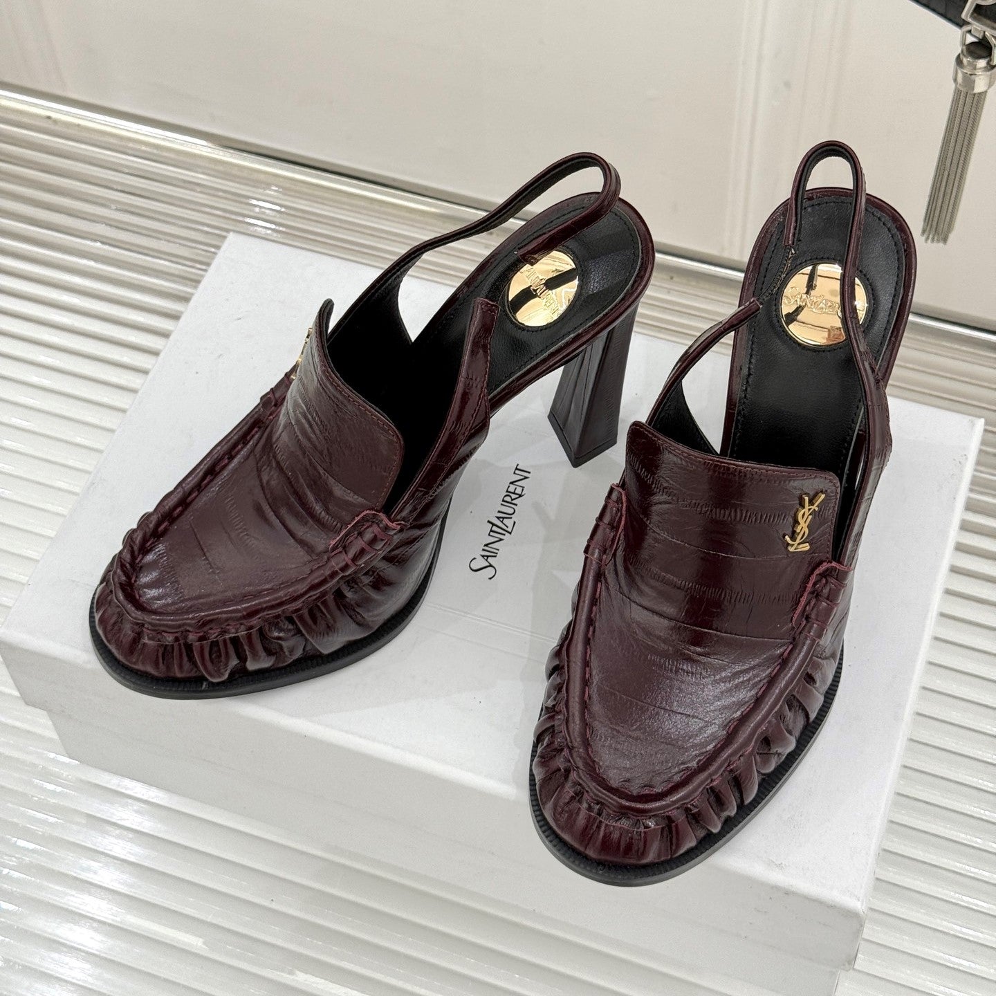 YSL 26WF Le Slingback 10.5cm Burgundy Leather 642956