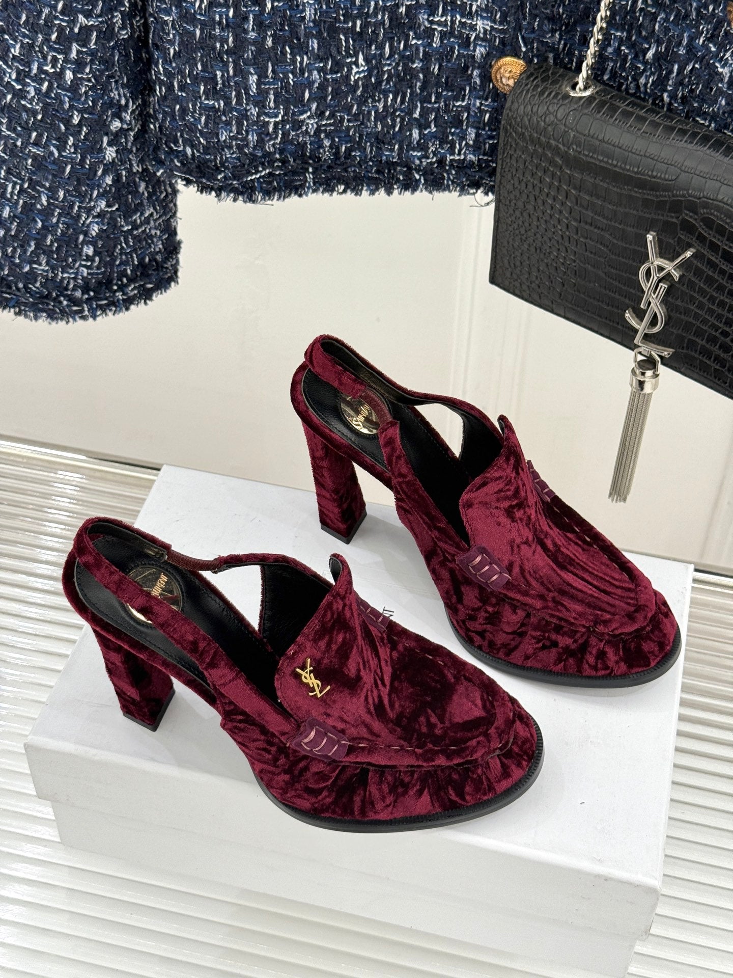 YSL 26WF Le Slingback 10.5cm Burgundy Velvet 642958