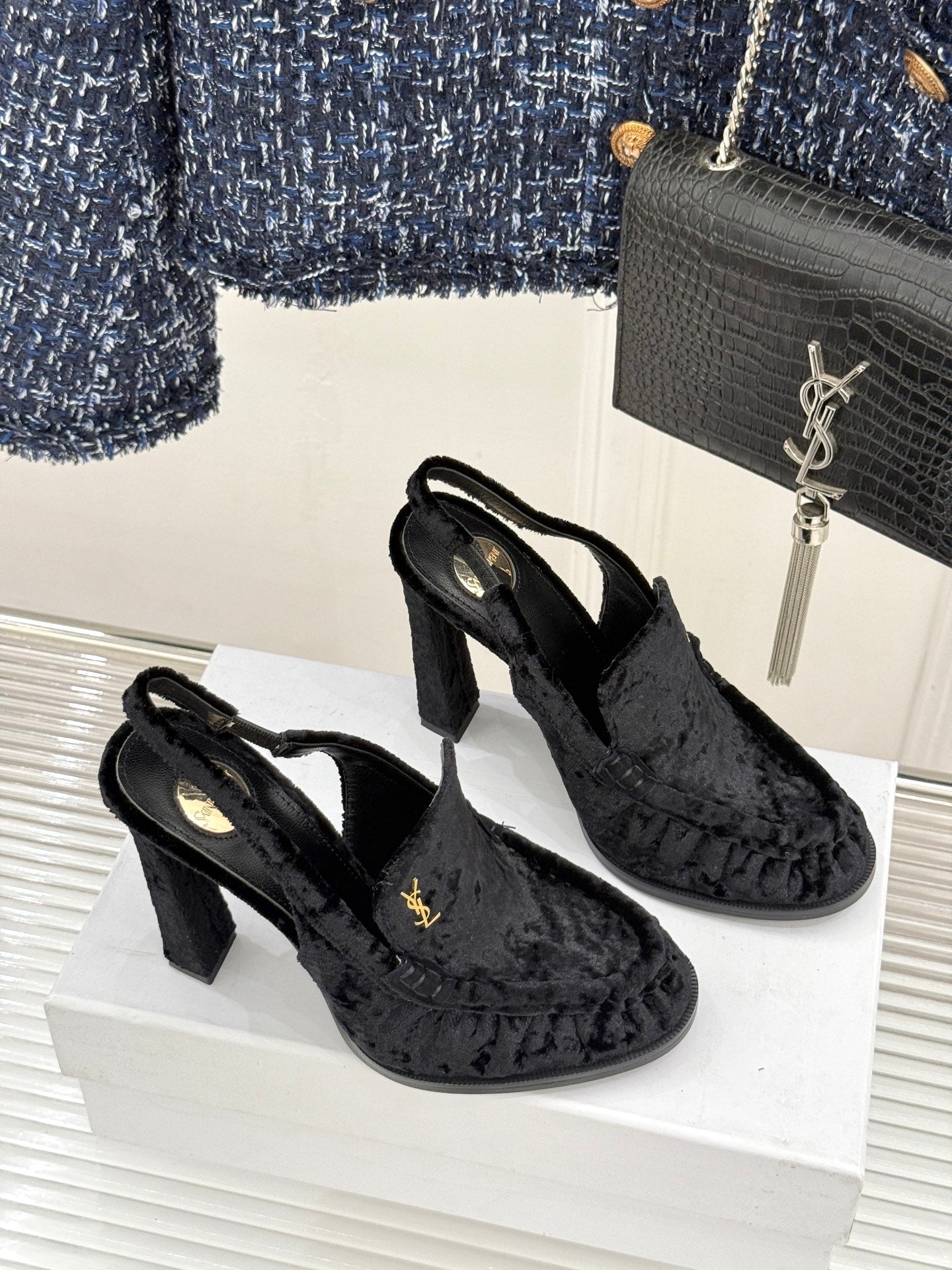 YSL 26WF Le Slingback 10.5cm Black Velvet 642960