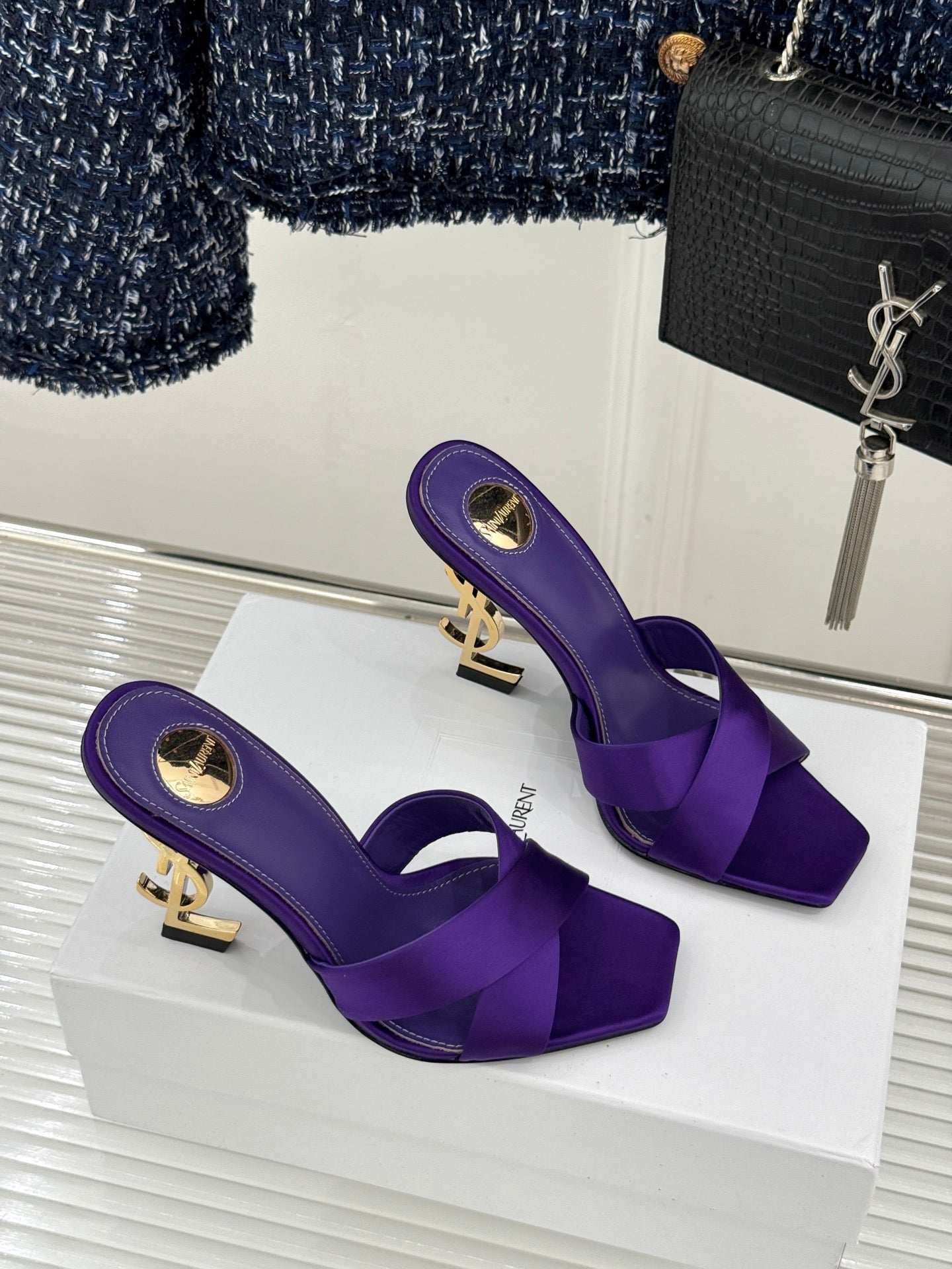 YSL Opyum Sandal 85 Purple Silk Leather 642937