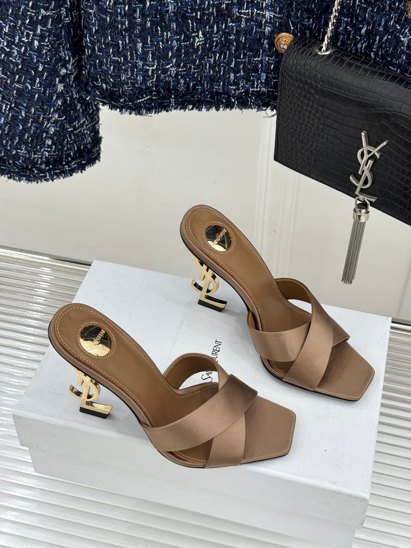 YSL Opyum Sandal 85 Brown Silk Leather 642941