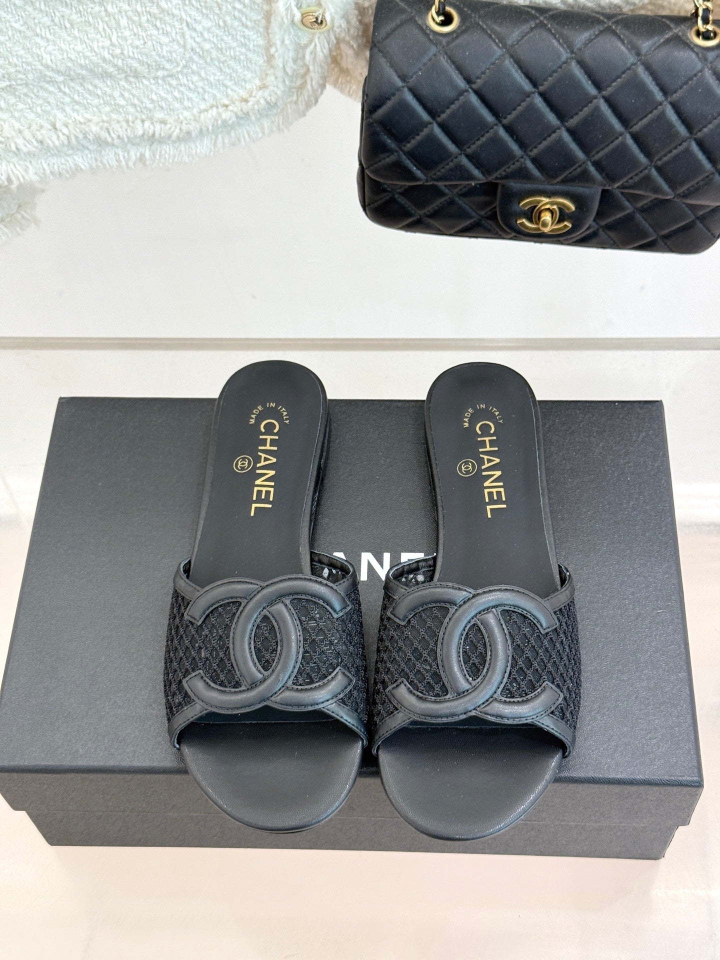 CC Openwork Slippers Black Mesh Lambskin 825757