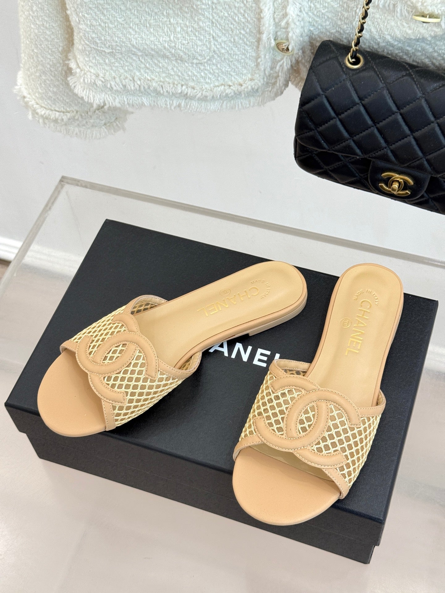 CC Openwork Slippers Beige Mesh Lambskin 825759