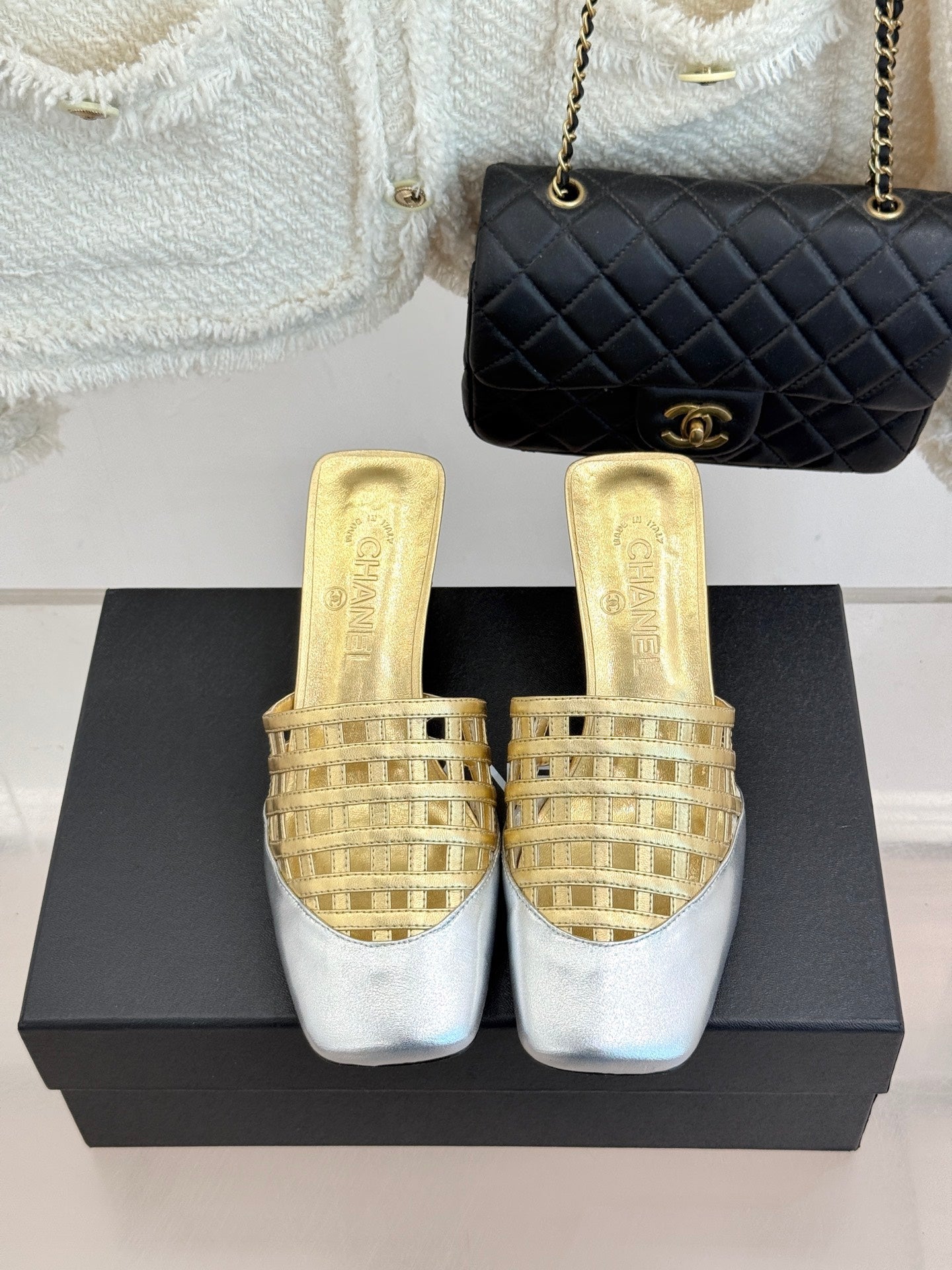 CC Woven Square-Toe Slippers Sliver Gold Metalic Leather 825777