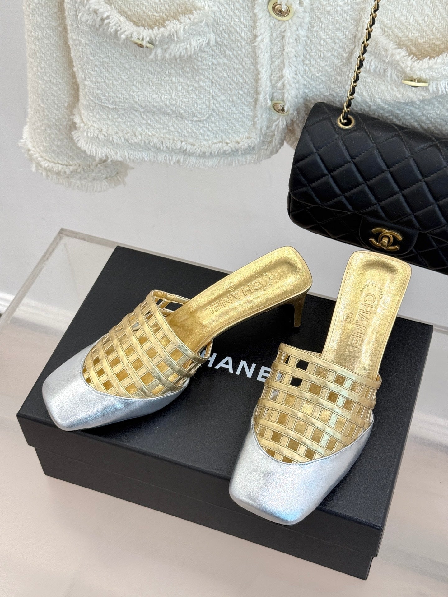 CC Woven Square-Toe Slippers Sliver Gold Metalic Leather 825777
