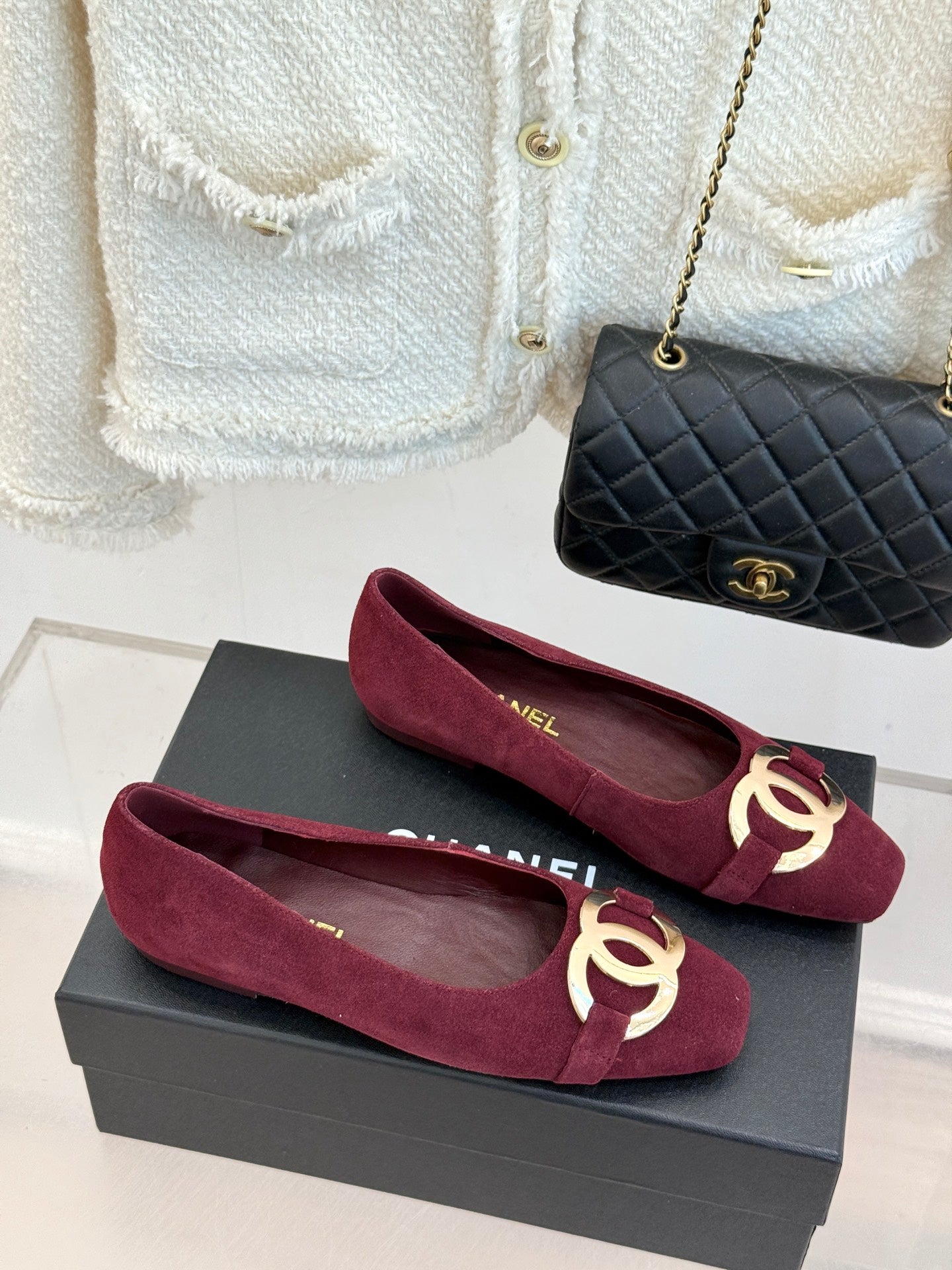 CC 26s Buckle Square Toe Ballet Flat Burgundy Suede 829733