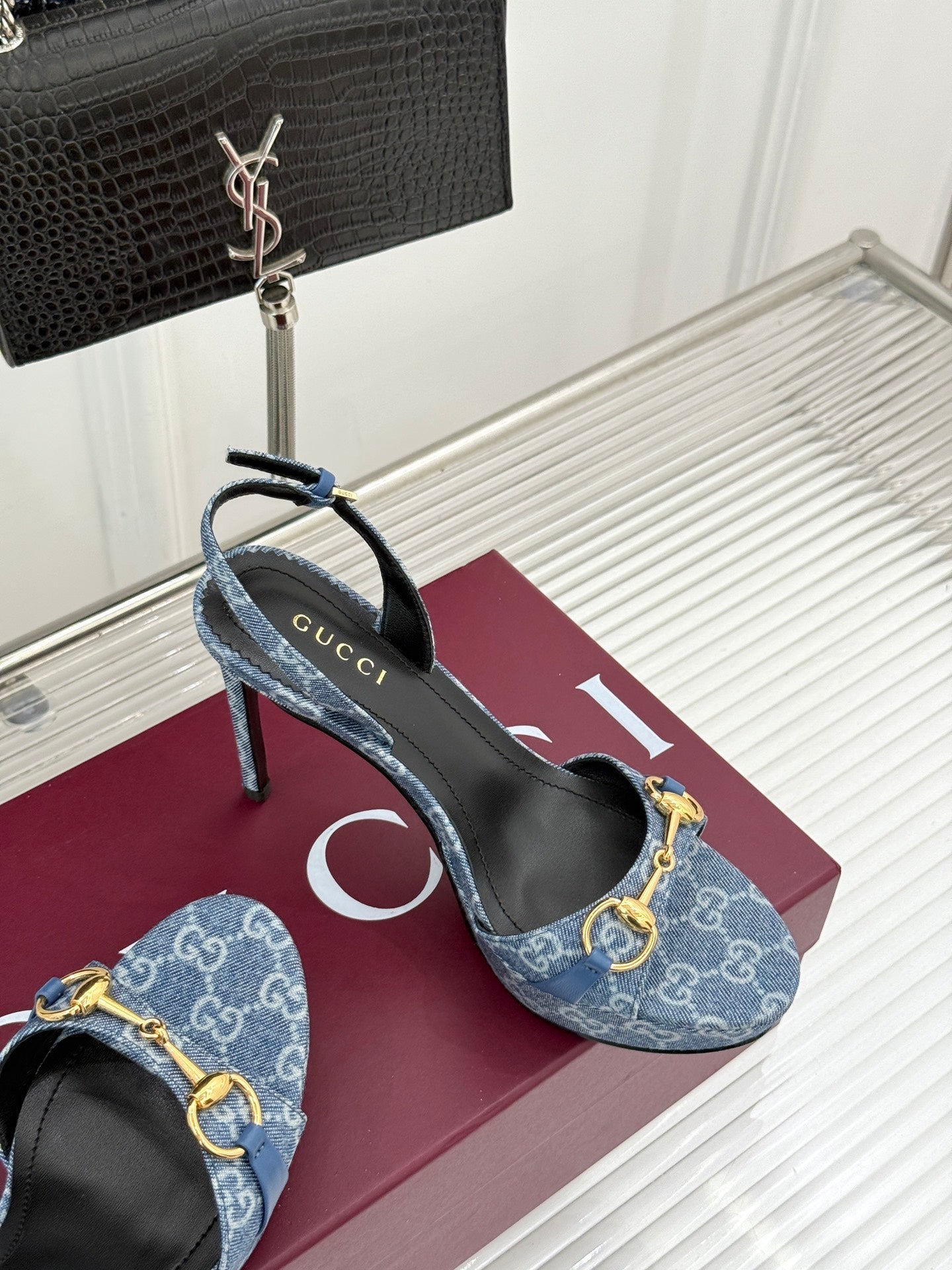 GG 26s Donna Platform Sandal 12cm Blue Canvas 991725