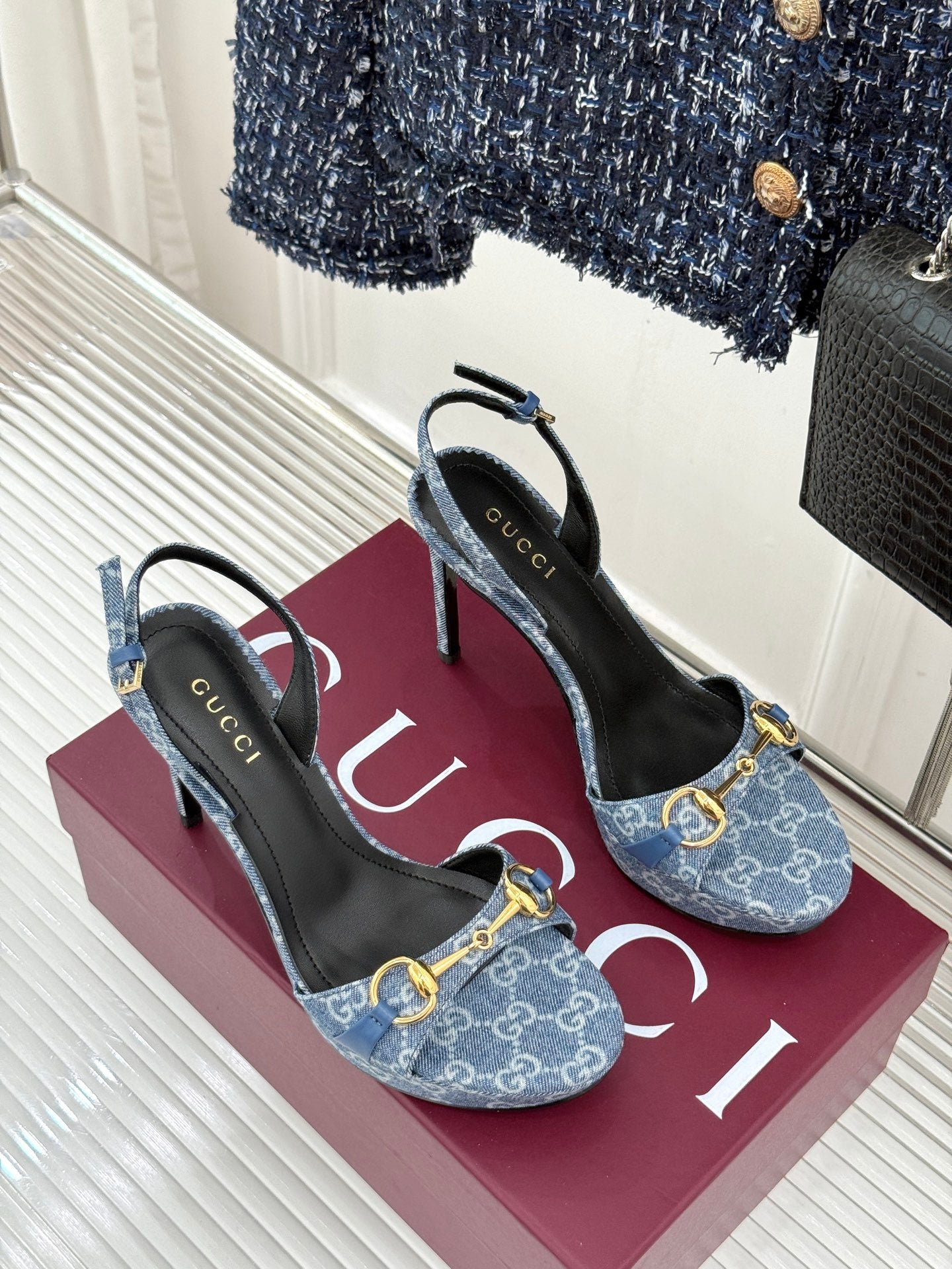 GG 26s Donna Platform Sandal 12cm Blue Canvas 991725