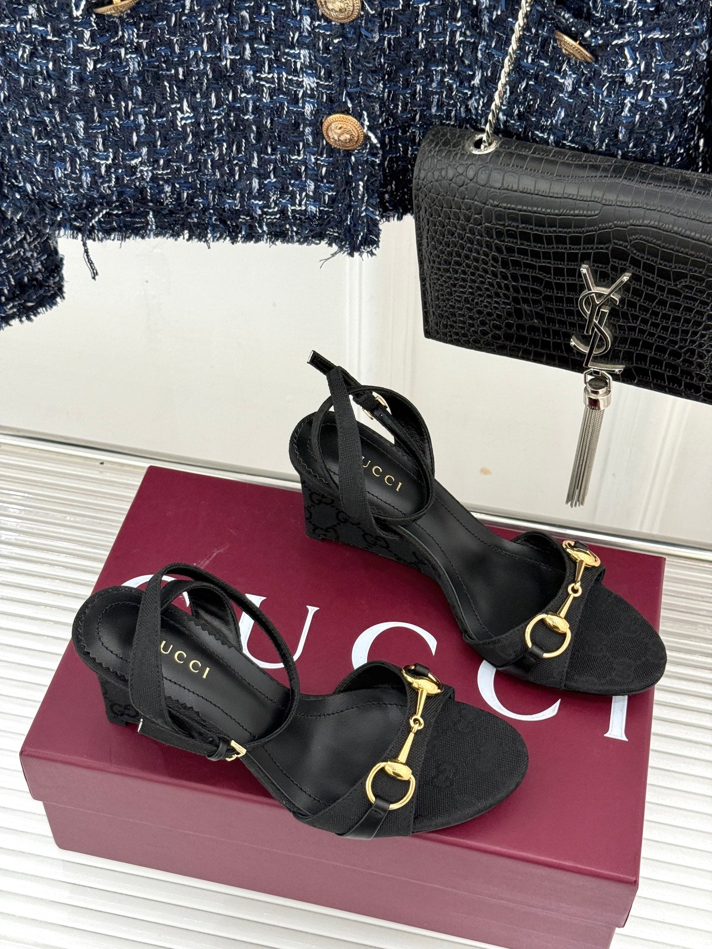 GG 26s Donna Wedge Sandal 8cm Black Canvas 991733