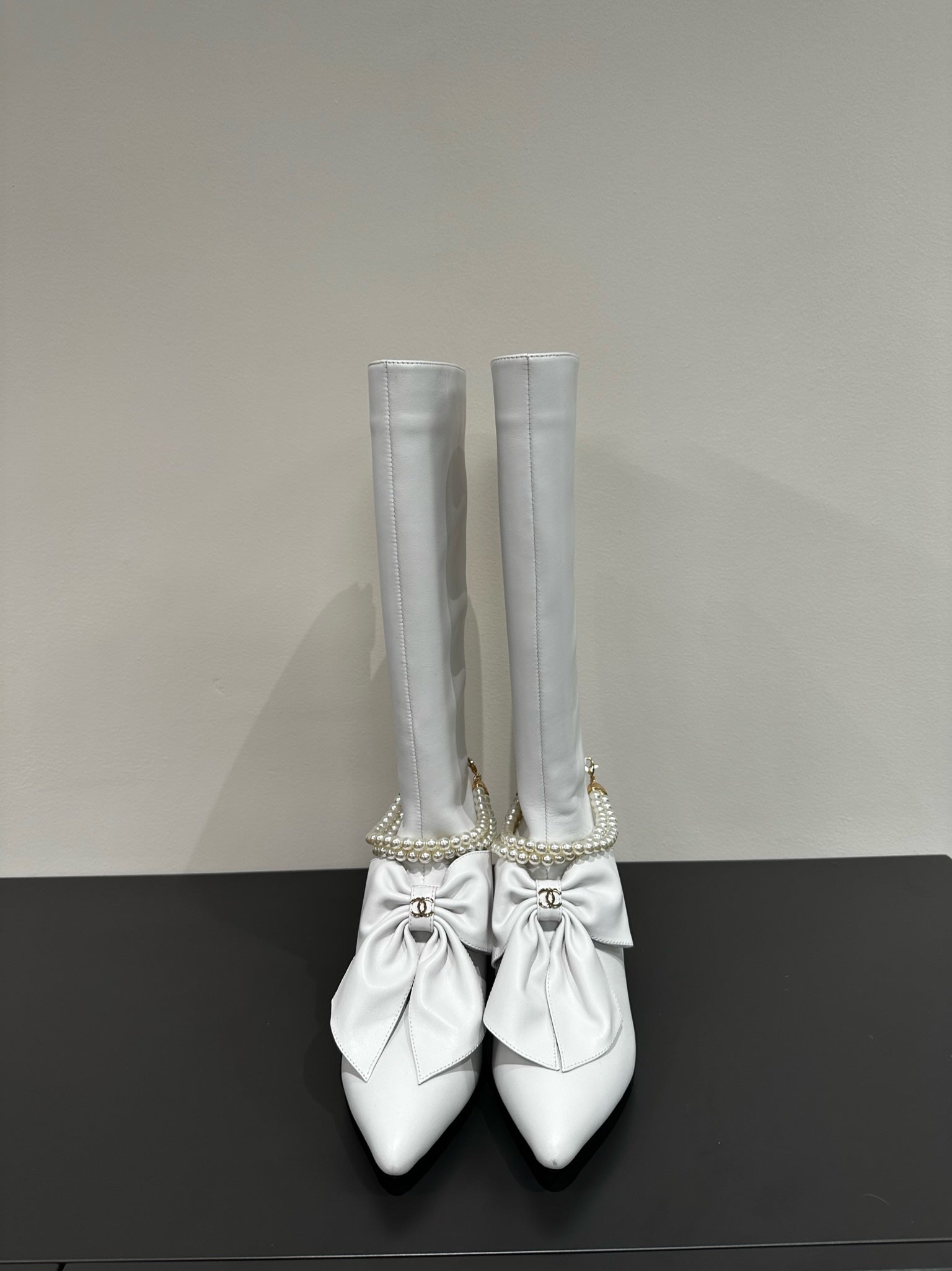 CC High Boots White Bow Tie Cowhide
