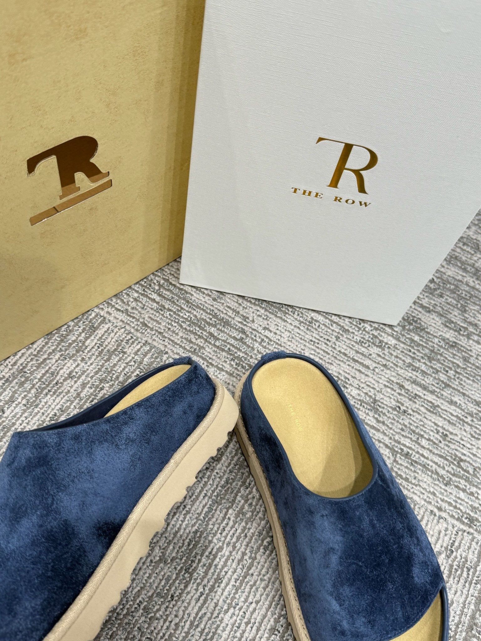 The Row Slide Sandals Navy Cow Suede 337474