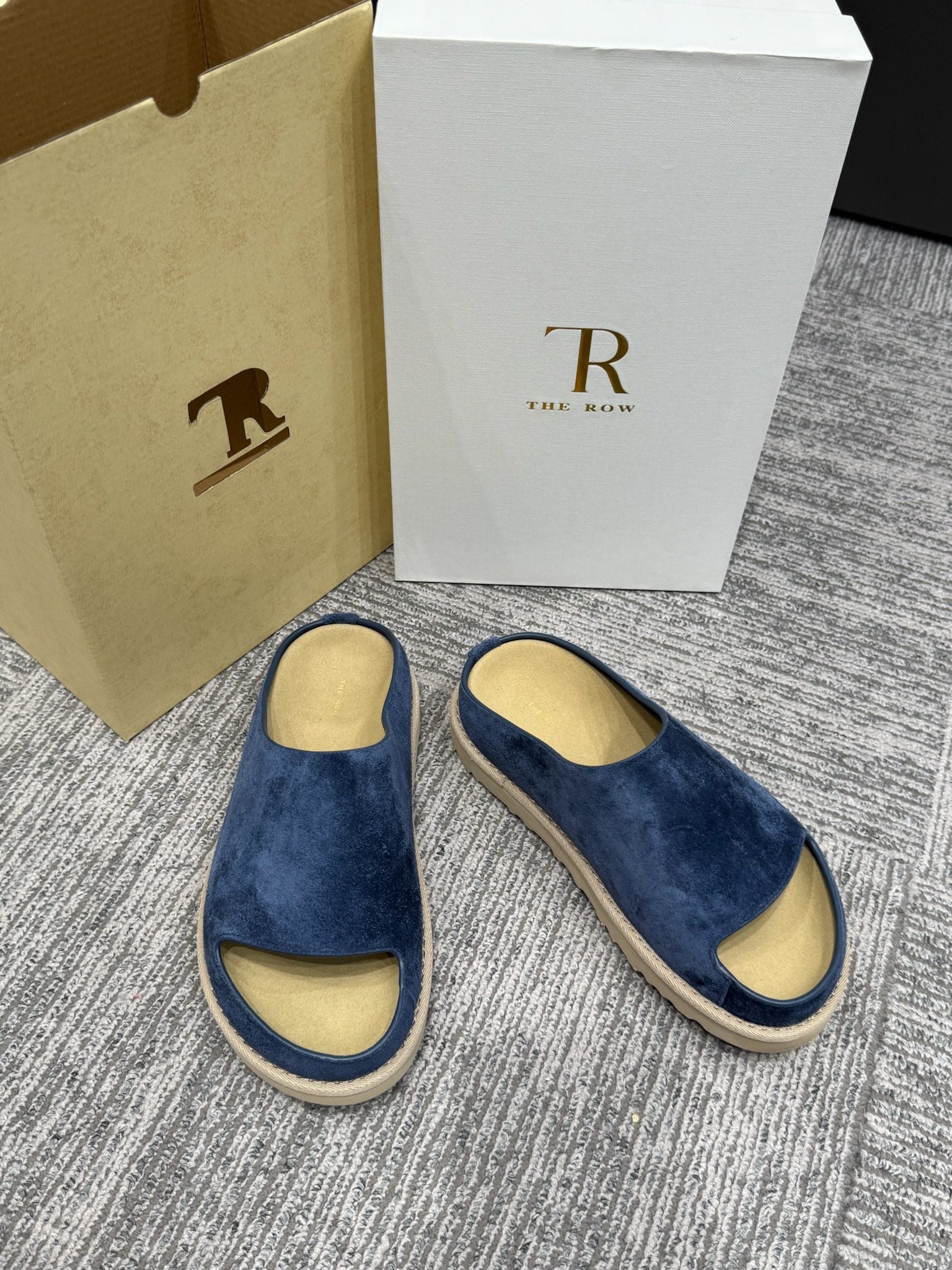 The Row Slide Sandals Navy Cow Suede 337474