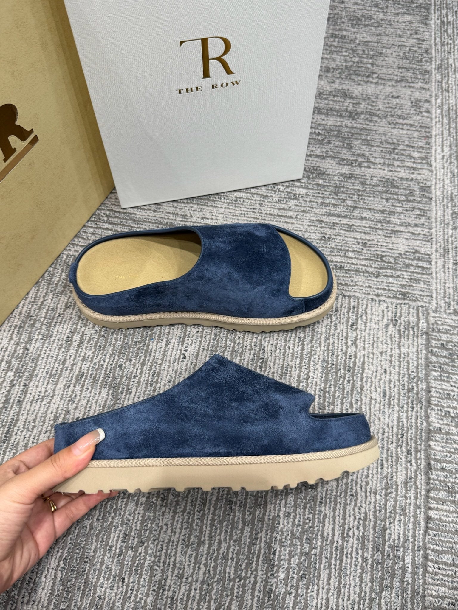 The Row Slide Sandals Navy Cow Suede 337474