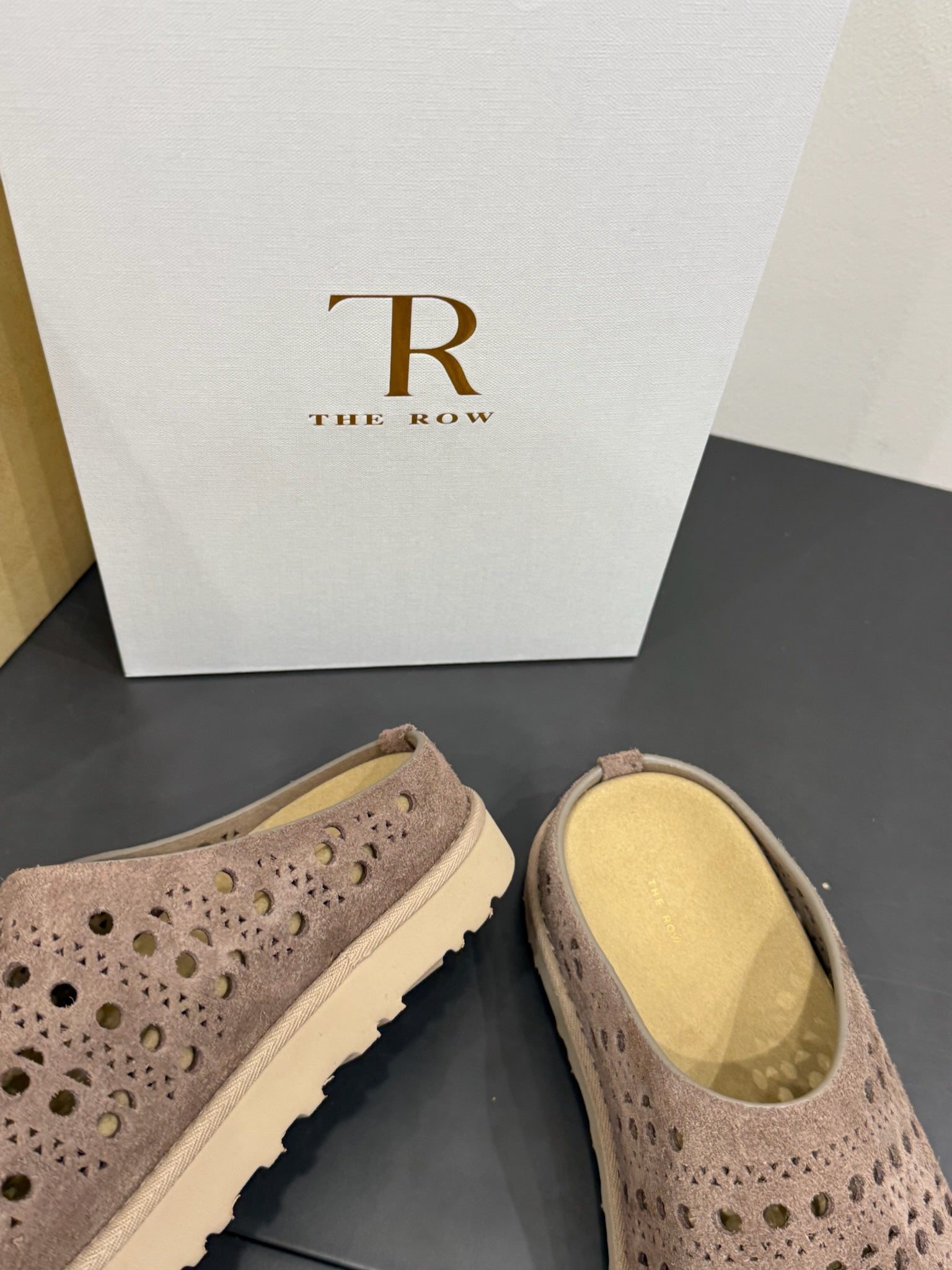 The Row Laser-cut Toe Slippers Taupe Cow Suede 337485