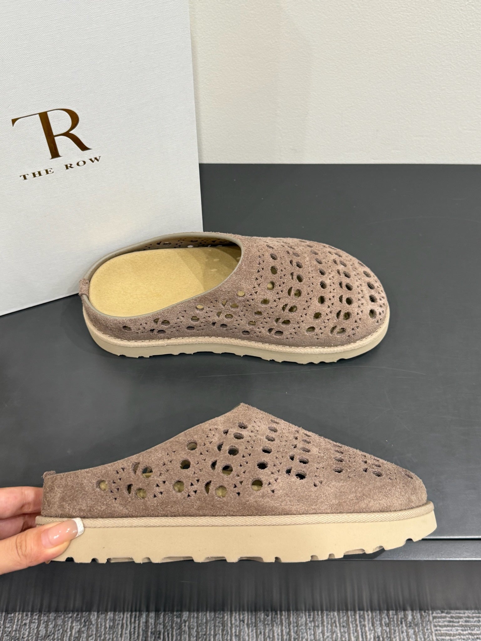 The Row Laser-cut Toe Slippers Taupe Cow Suede 337485