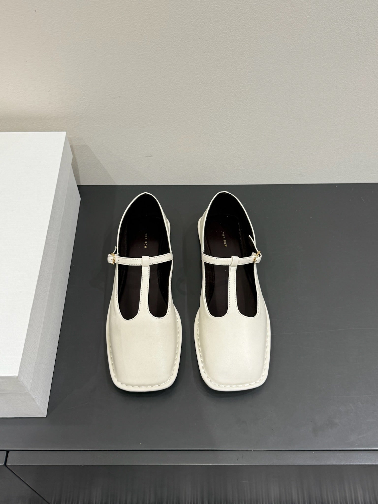 The Row Square T-Strap Flat White Sheepskin 337498