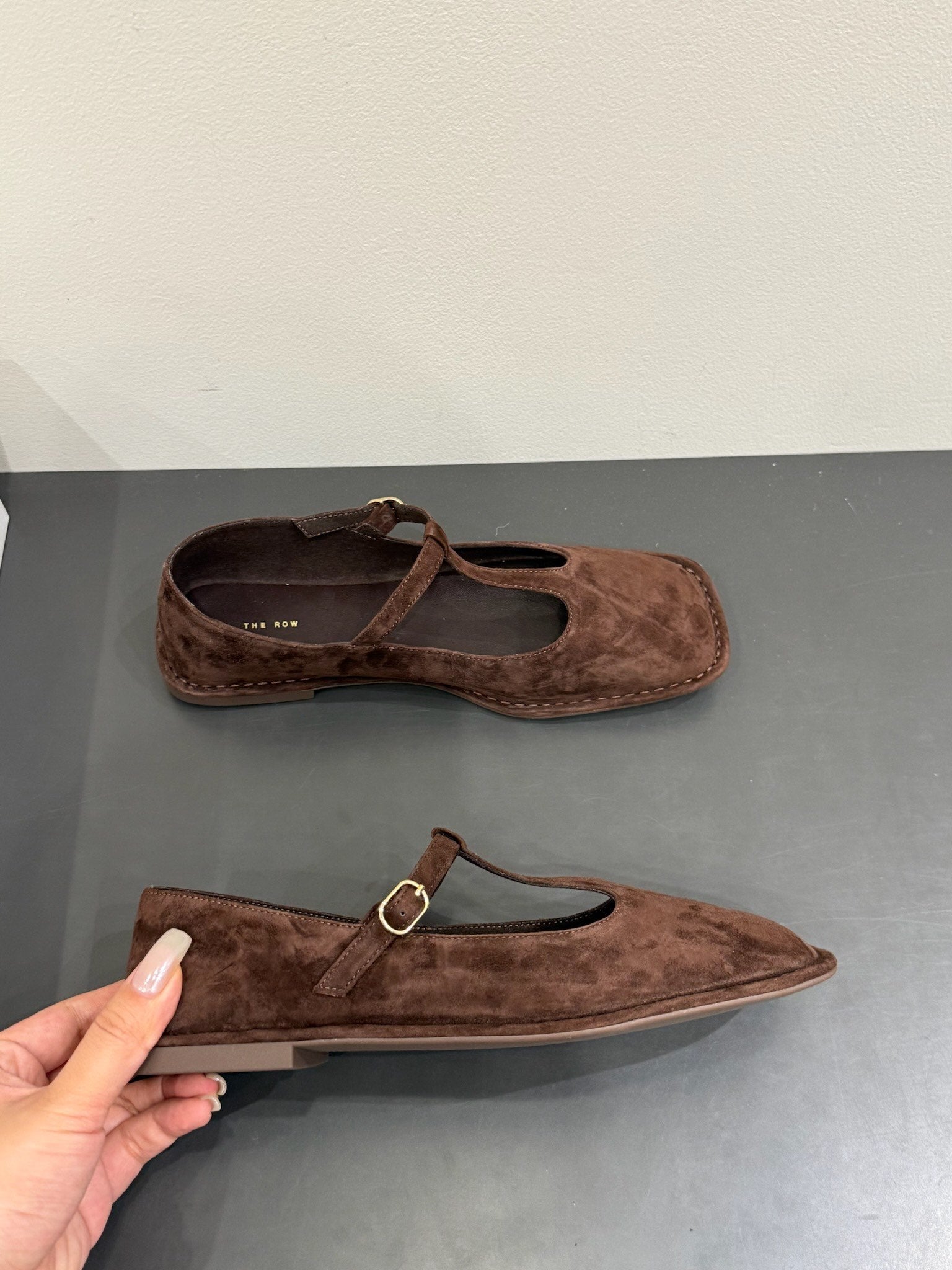 The Row Square T-Strap Flat Dark Brown Suede 337499