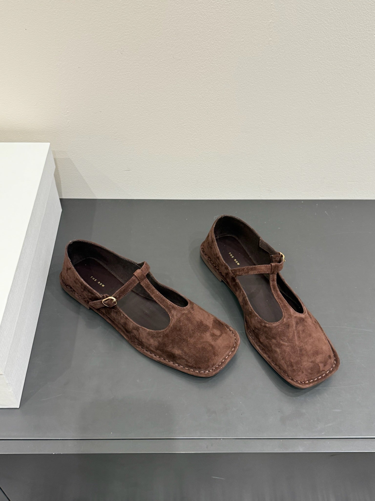 The Row Square T-Strap Flat Dark Brown Suede 337499