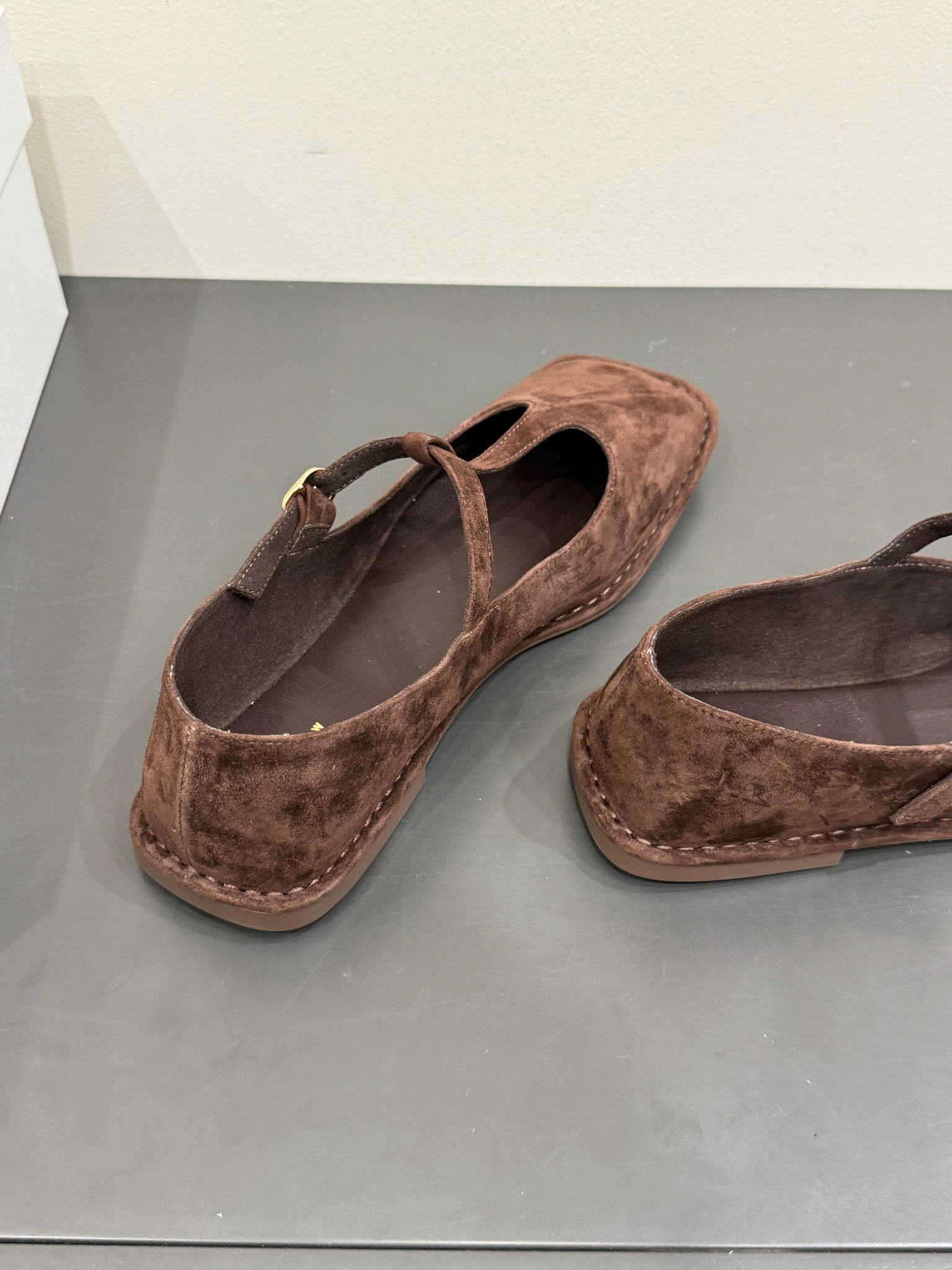 The Row Square T-Strap Flat Dark Brown Suede 337499