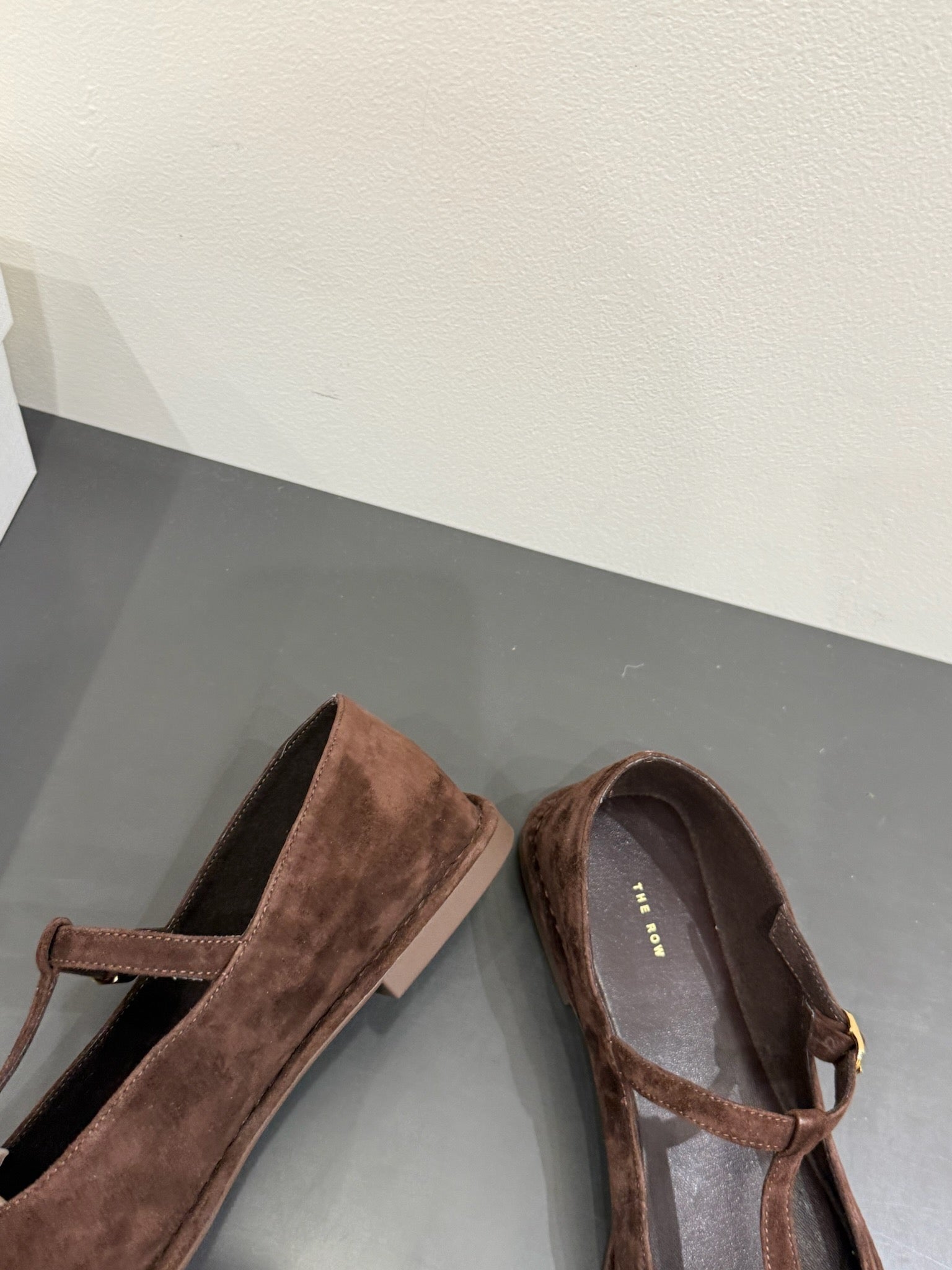 The Row Square T-Strap Flat Dark Brown Suede 337499