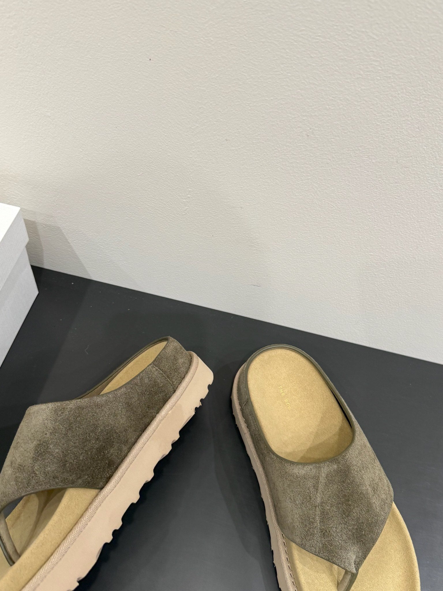 The Row Flat Sandal Dark Olive Brown Cow Suede 337501