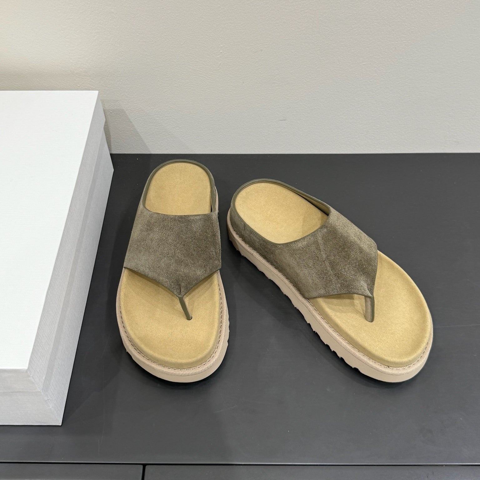 The Row Flat Sandal Dark Olive Brown Cow Suede 337501