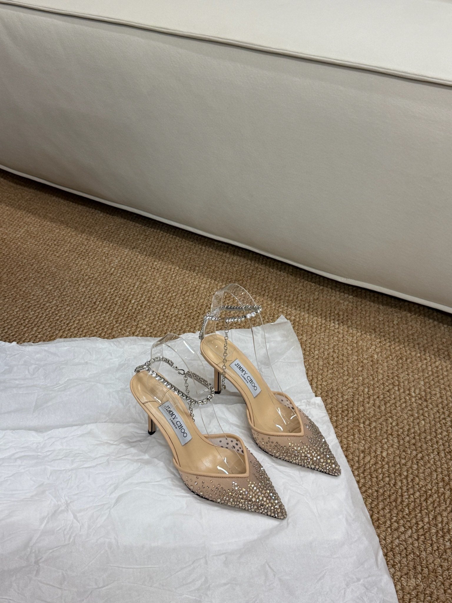 Jimmy Crystal-embellished Saeda Pumps 100mm Beige Mesh Drill 420168