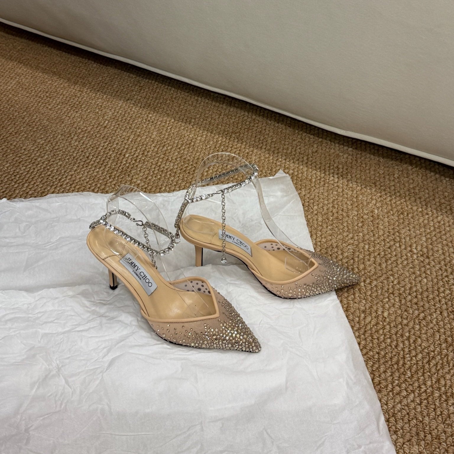 Jimmy Crystal-embellished Saeda Pumps 100mm Beige Mesh Drill 420168